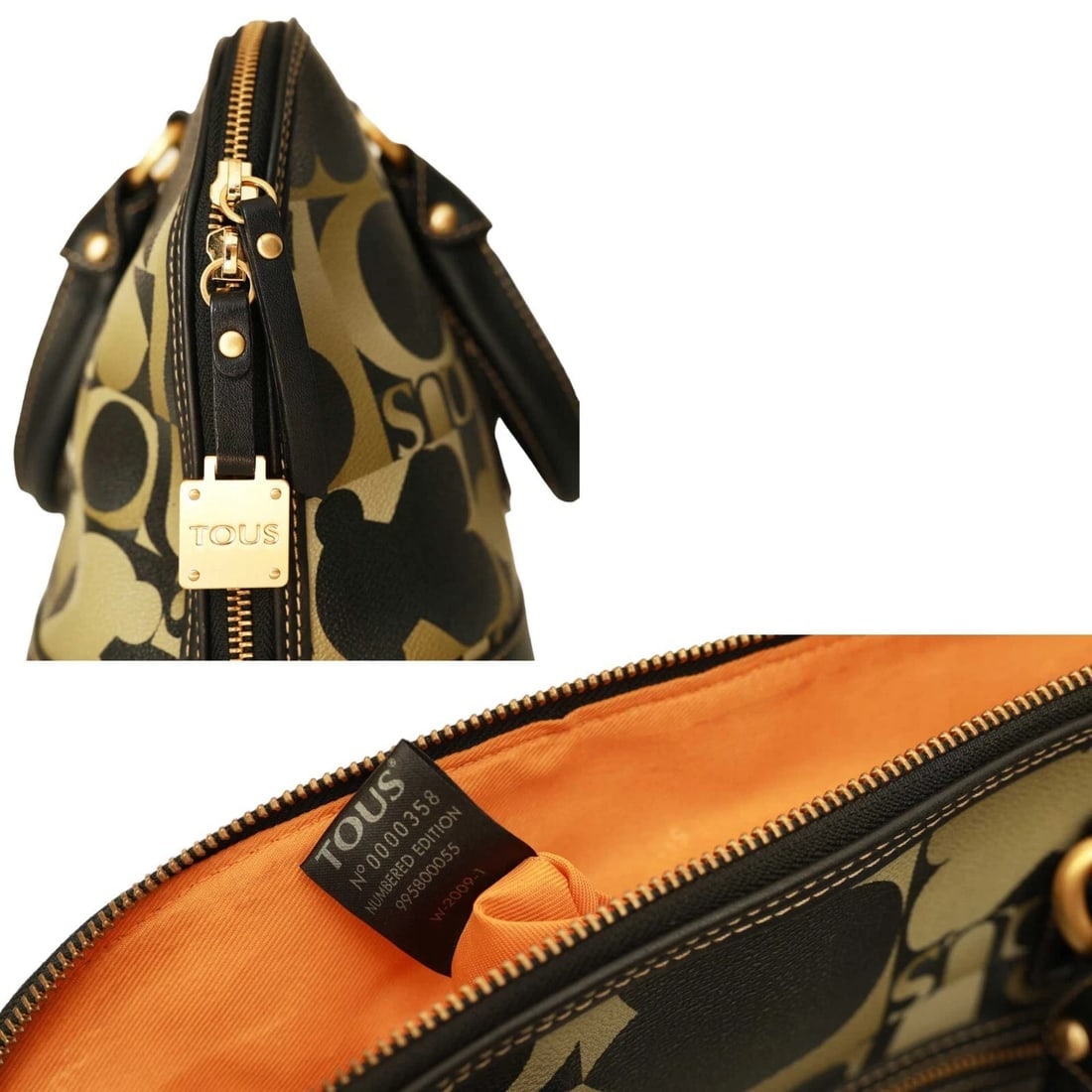 TOUS Black Khaki Green Signature Canvas Black Leather Satchel Handbag Grab bag - 9