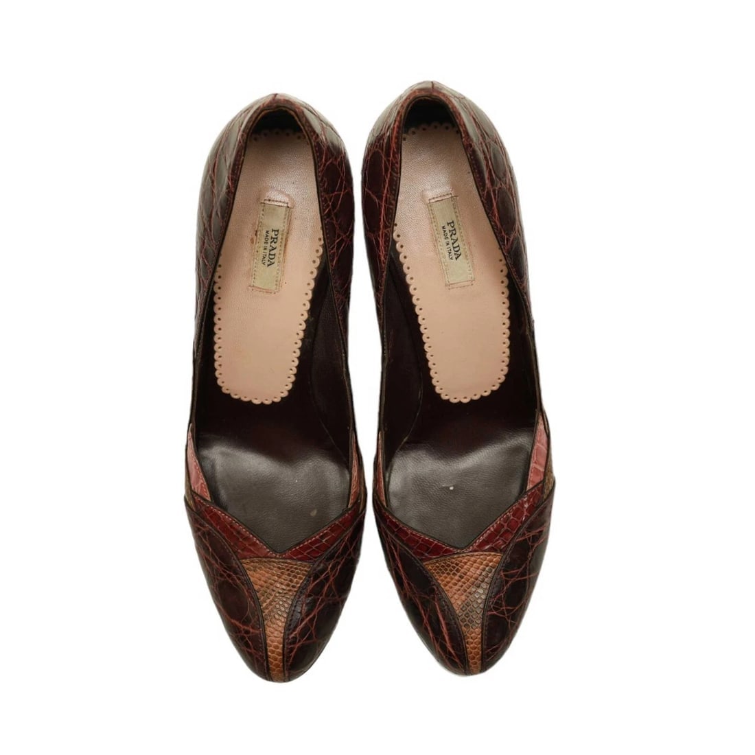 Prada Burgundy Brown Reptile Embossed Leather Round Toe Pumps Heels Shoes 37 - 7