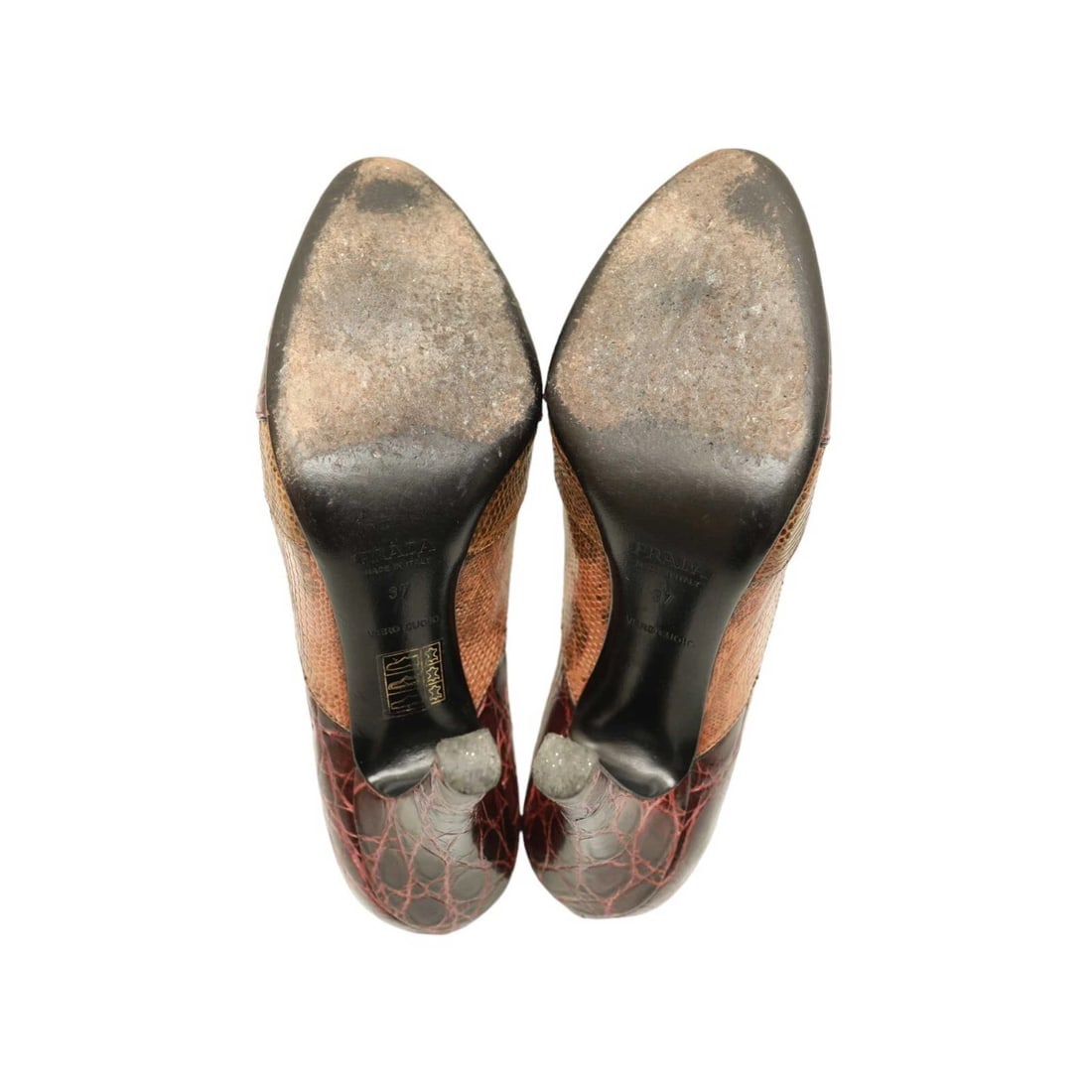 Prada Burgundy Brown Reptile Embossed Leather Round Toe Pumps Heels Shoes 37 - 8