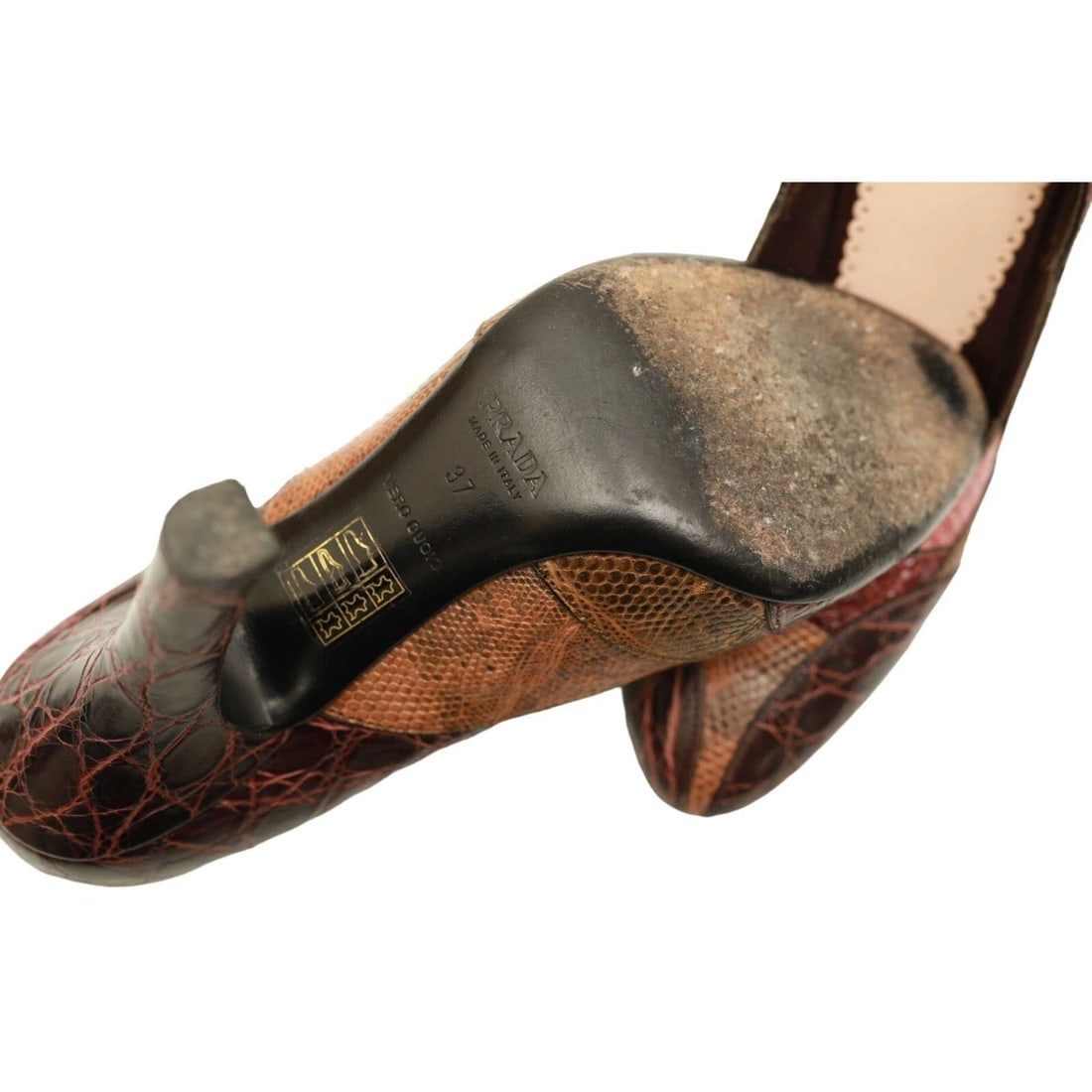 Prada Burgundy Brown Reptile Embossed Leather Round Toe Pumps Heels Shoes 37 - 9
