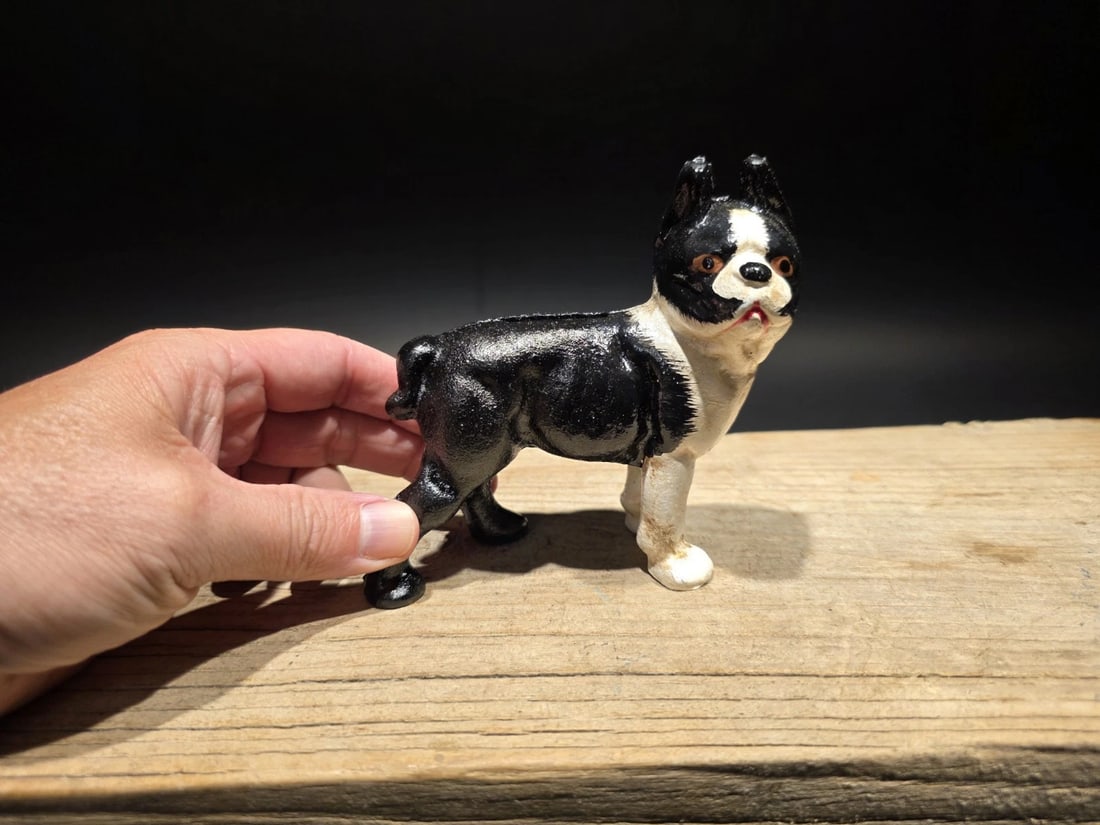 5" Cast Iron Boston Terrier Dog Door Stop Coin Bank: Boston Terrier coin bank styled after early 20th-century figural animal banks. Dog-form banks were widely produced during the late 1800s through mid-1900s, reflecting the growing popularity of househo