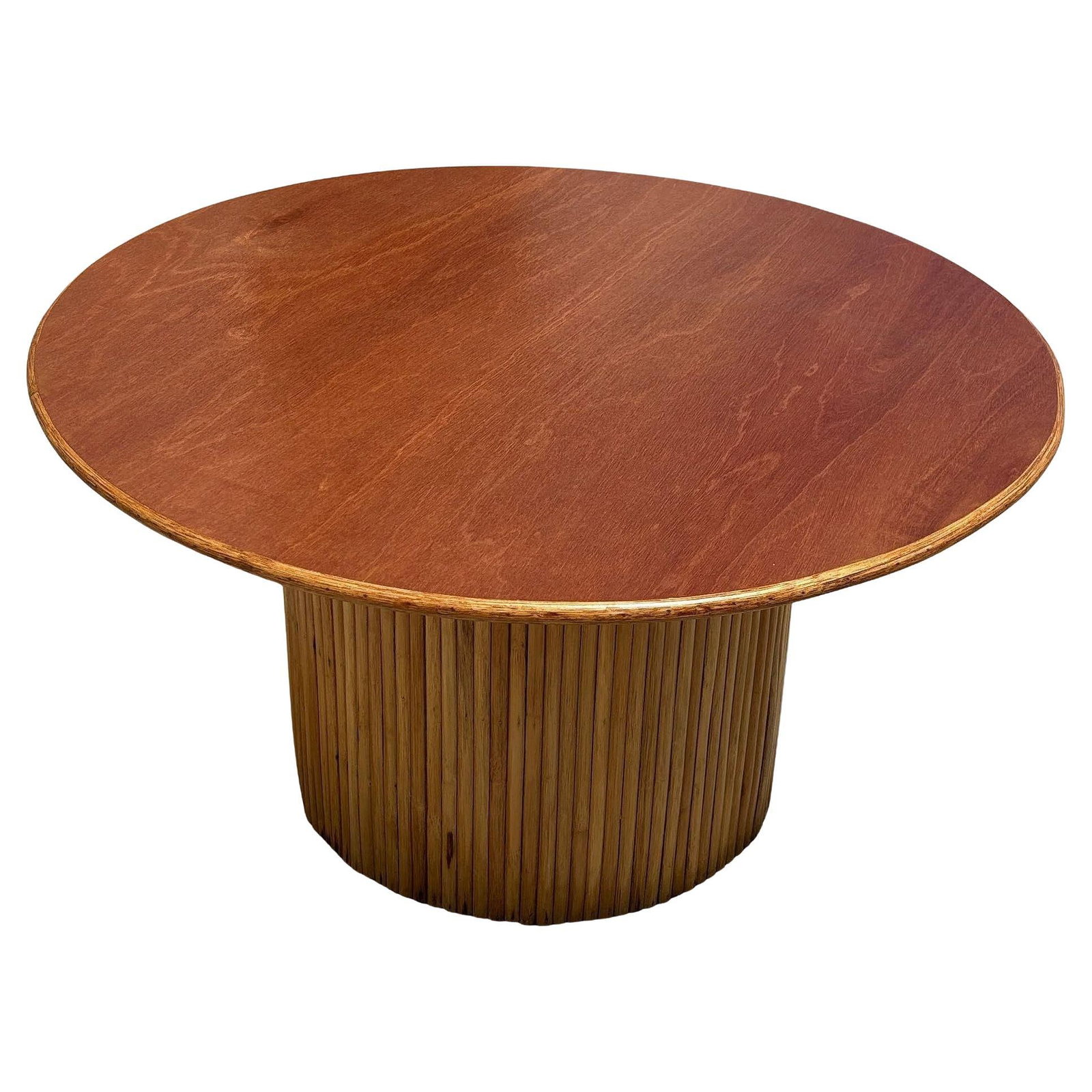 MCM Coastal Round Stacked Rattan Pedestal Table Mahogany Top, 2 Available: Title: MCM Coastal Round Stacked Rattan Pedestal Table Mahogany Top, 2 Available Description: This beautifully restored, minimal yet elegant table features a column of vertically stacked rattan