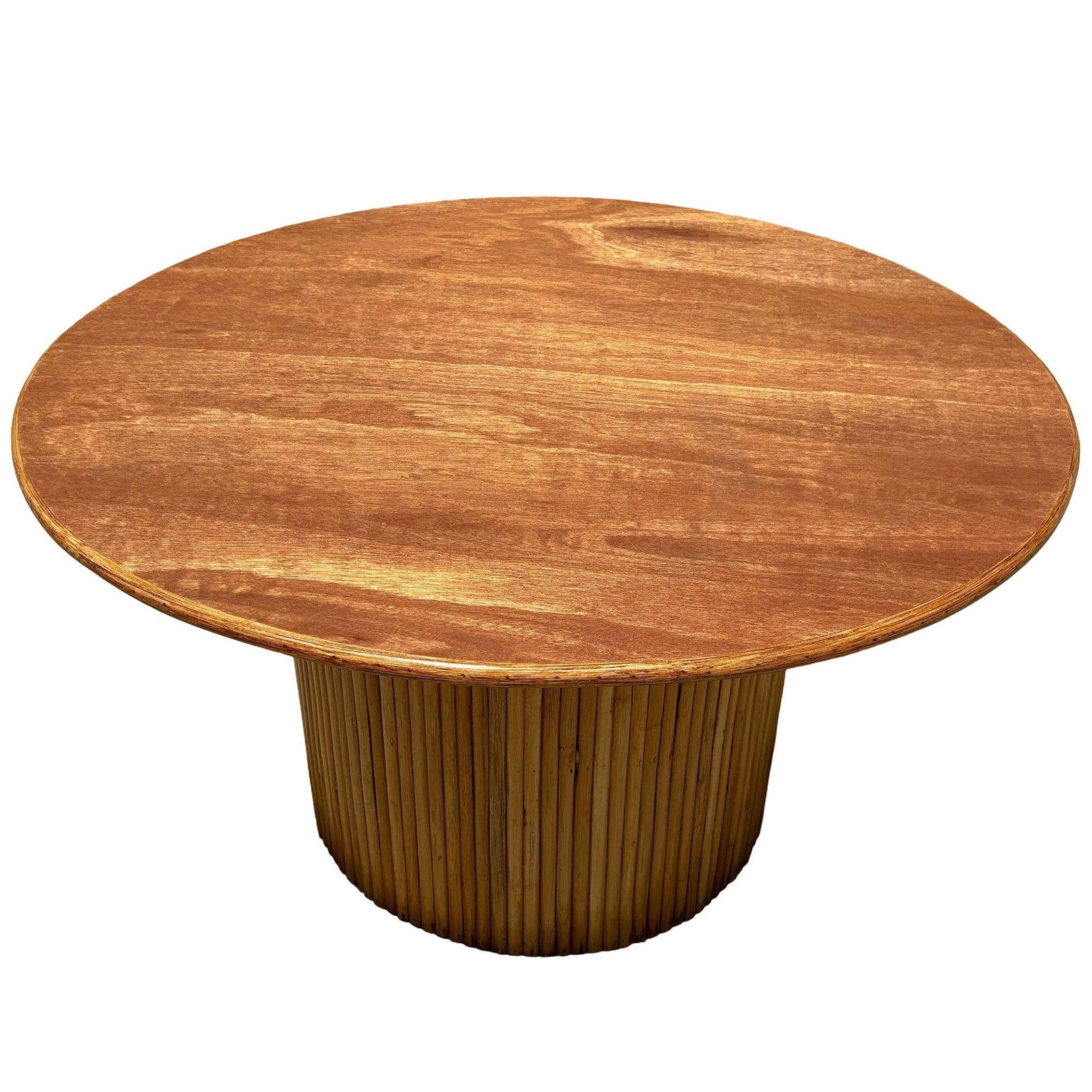 MCM Coastal Round Stacked Rattan Pedestal Table Mahogany Top, 2 Available - 2