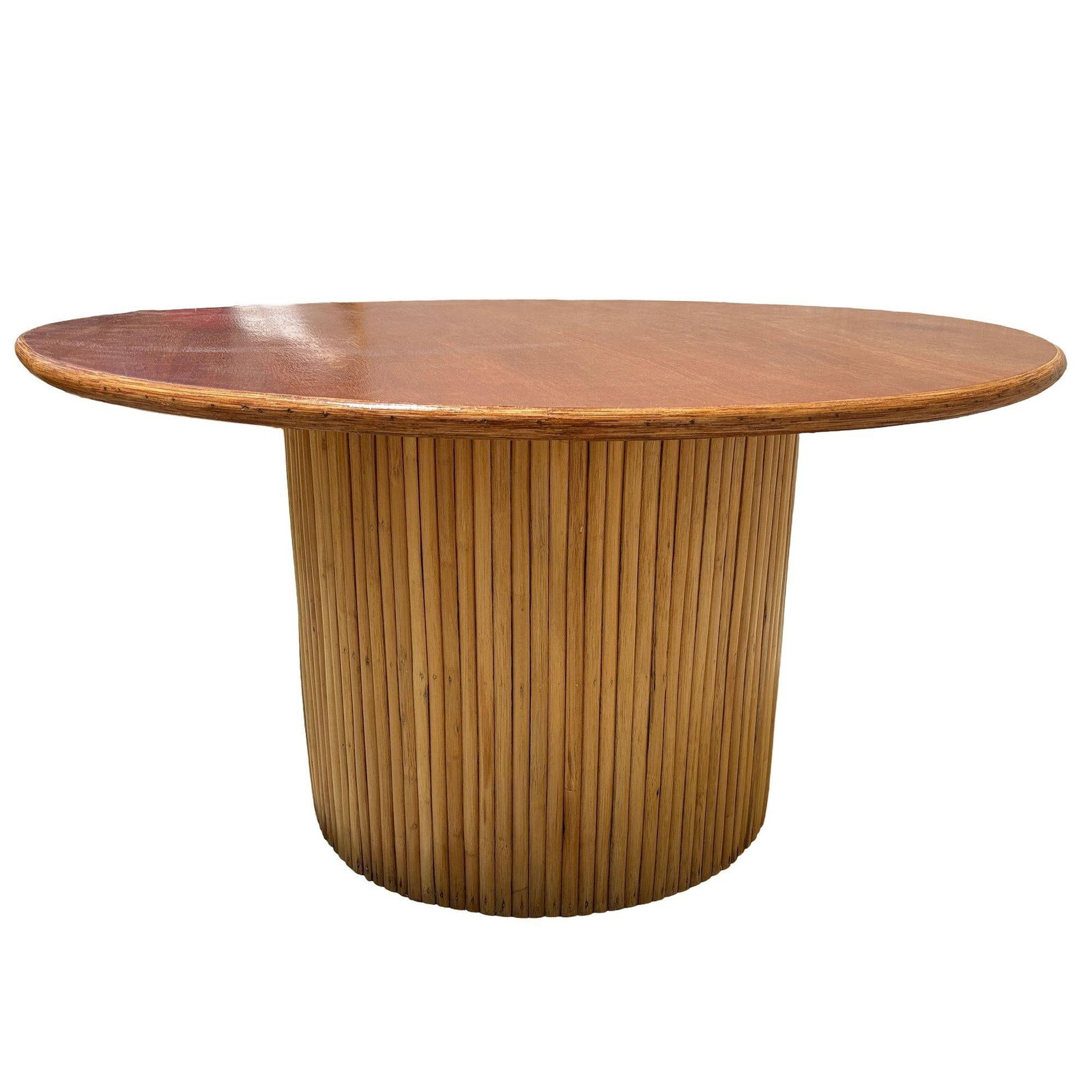 MCM Coastal Round Stacked Rattan Pedestal Table Mahogany Top, 2 Available - 5