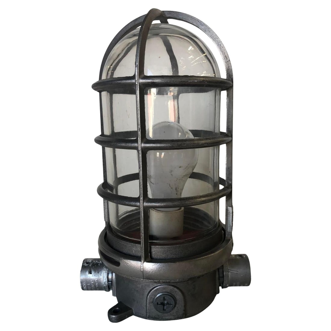 Industrial Iron Caged Marine Vapor Glass Light Fixture (1 of 5)