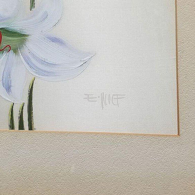 Mid-century Hawaiian Two Lilies Oil Painting on Paper signed E. Wolf, Framed - 3