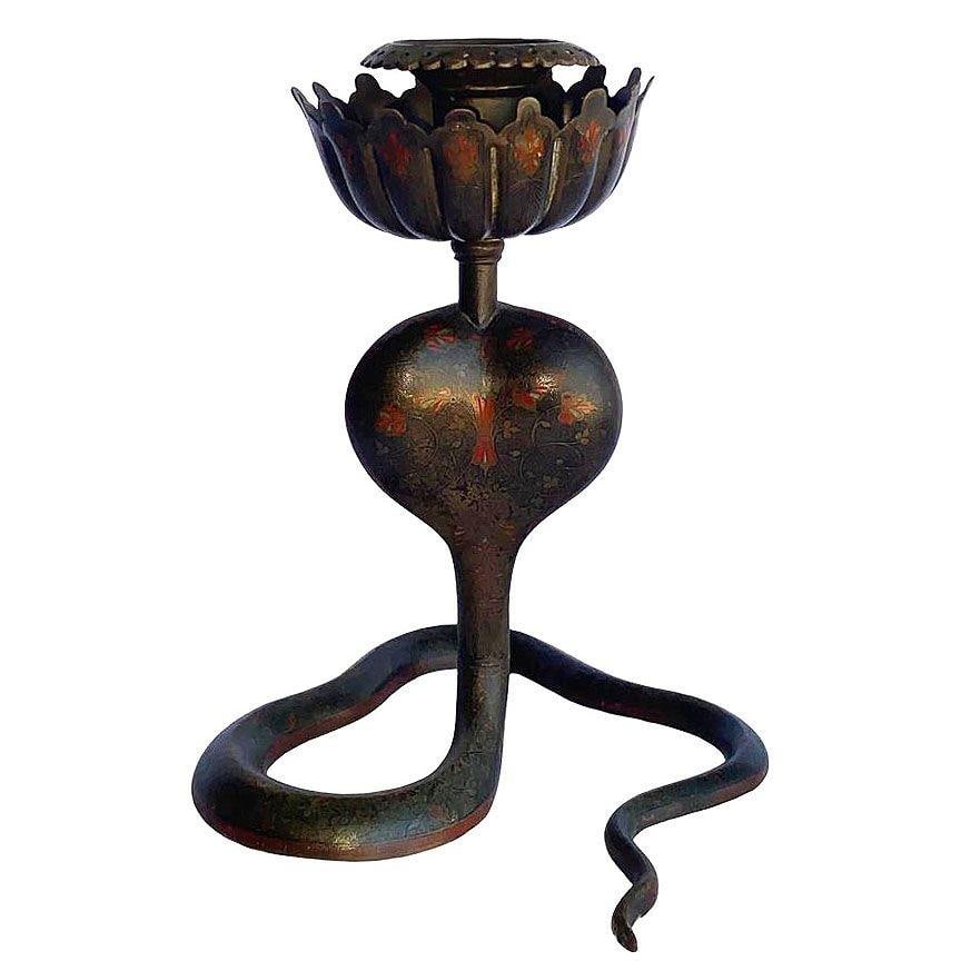 20th Century Hand etched Persian Cobra Brass and Bronze Candle Holders, pair - 2