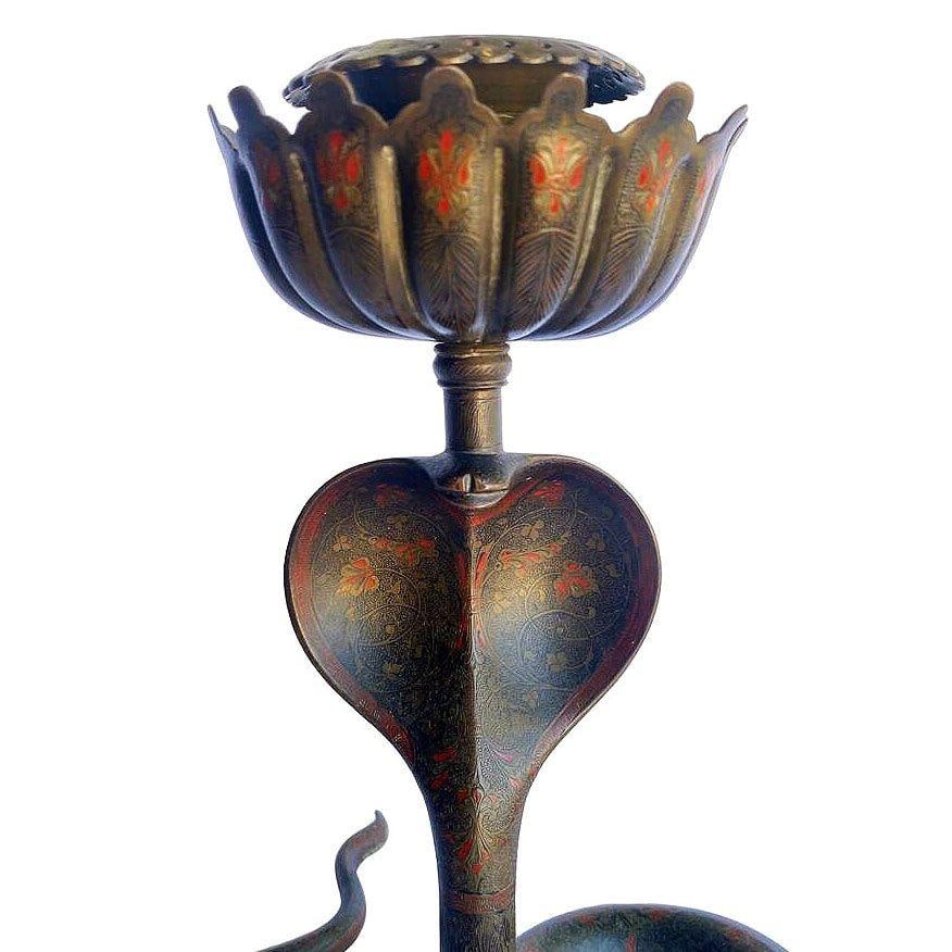20th Century Hand etched Persian Cobra Brass and Bronze Candle Holders, pair - 3
