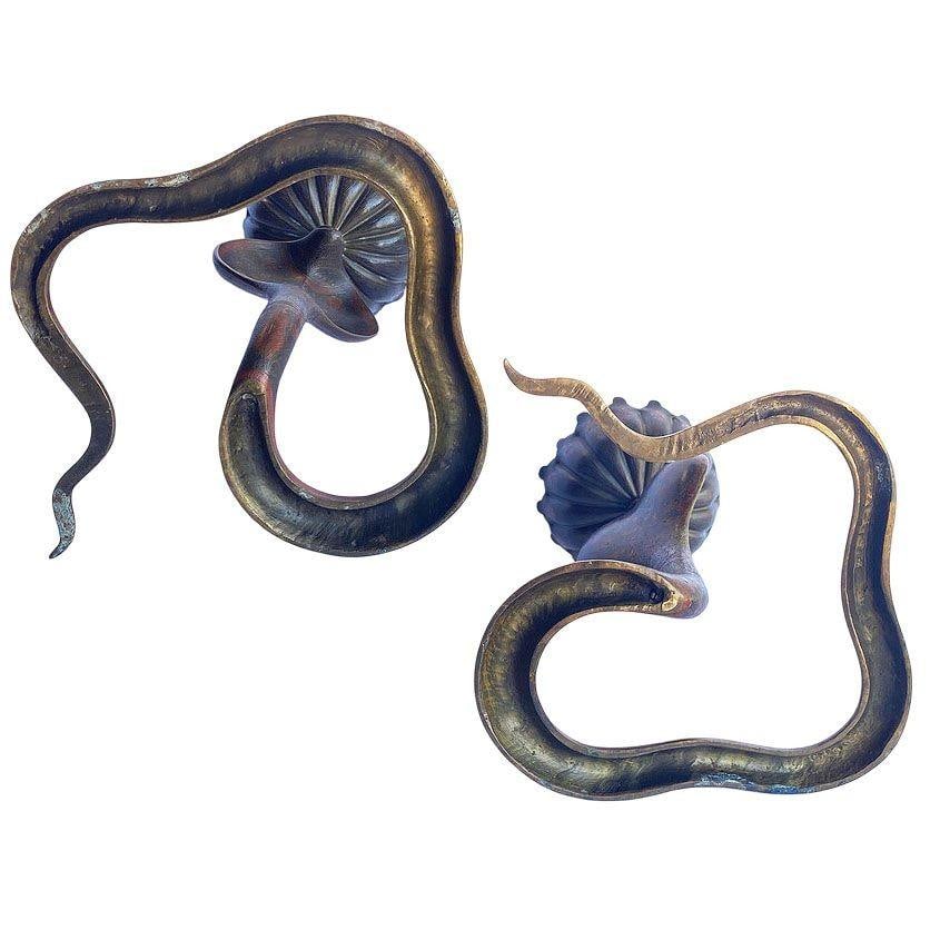 20th Century Hand etched Persian Cobra Brass and Bronze Candle Holders, pair - 4