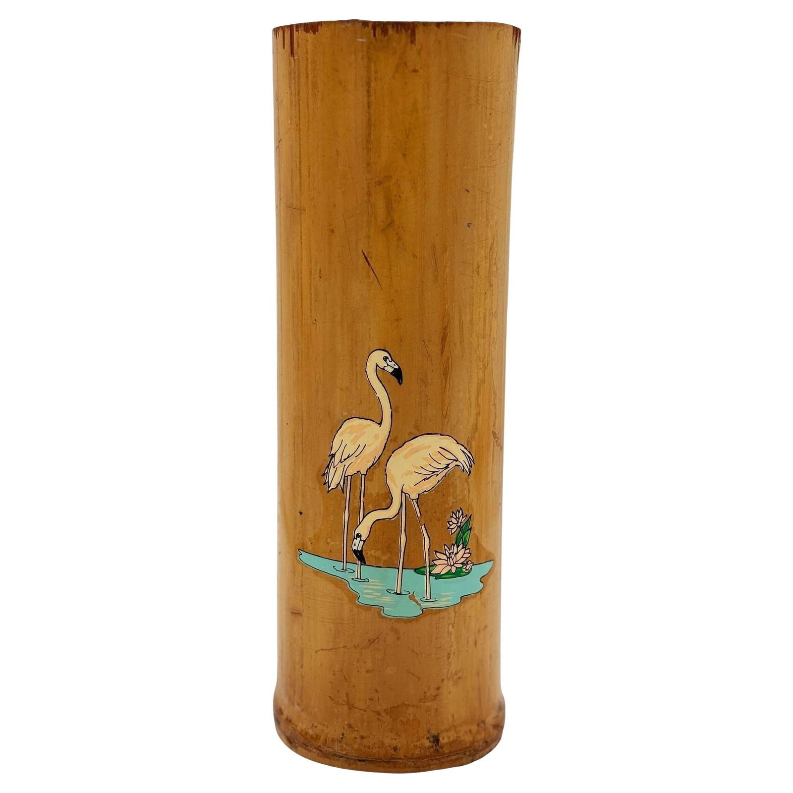 1930 Art Deco Pink Flamingo Delta Chi Leges Fraternity Bamboo Vase: Title: 1930 Art Deco Pink Flamingo Delta Chi Leges Fraternity Bamboo Vase Description: Rare 1930 Art Deco Pink Flamingo Bamboo Vase from the Delta Chi Leges Fraternity. The hand-painted Asian