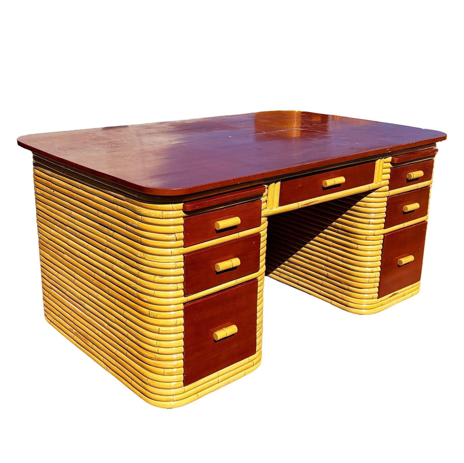 Restored Paul Frankl Style Stacked Rattan & Mahogany Executive Desk W/ Chair - 2