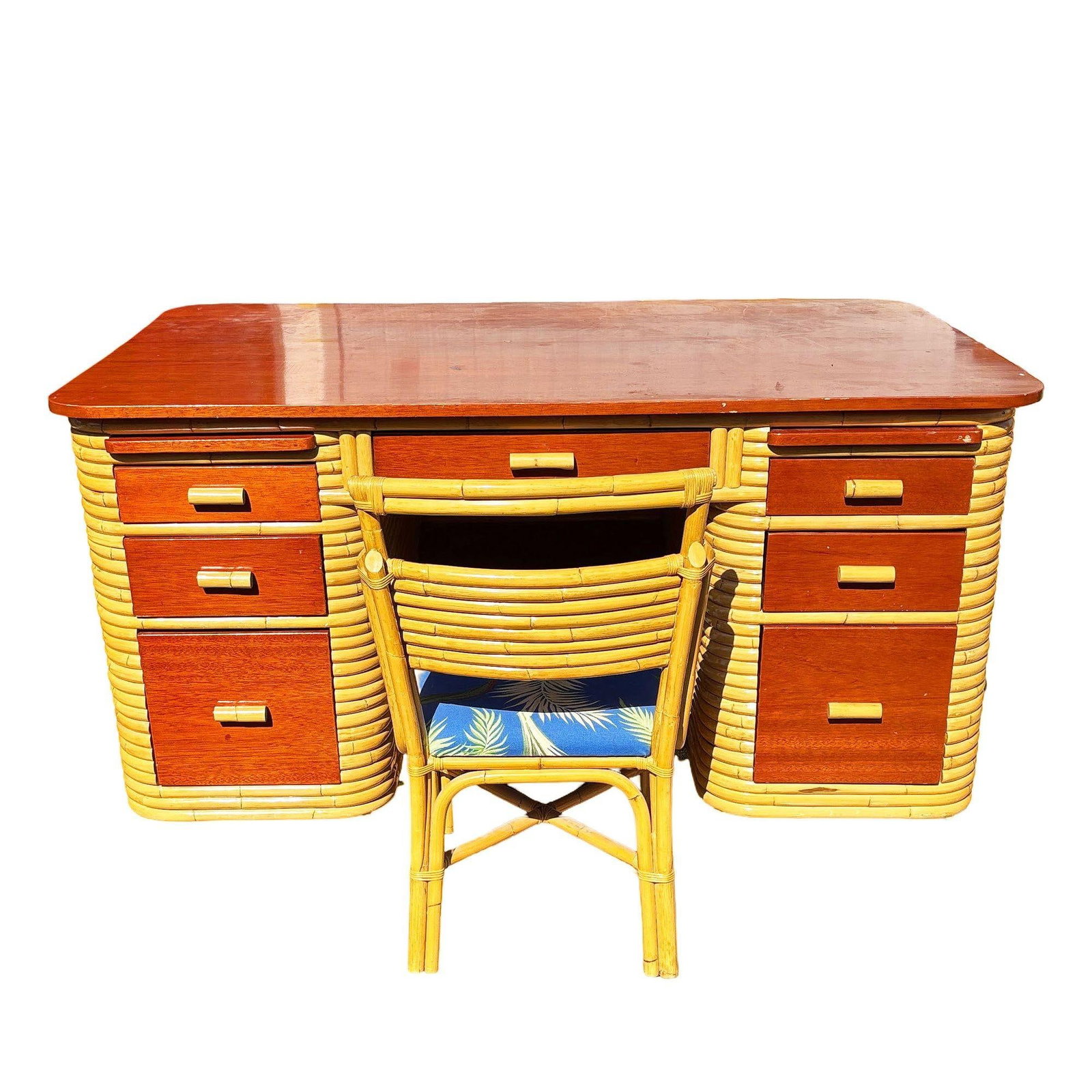 Restored Paul Frankl Style Stacked Rattan & Mahogany Executive Desk W/ Chair - 3