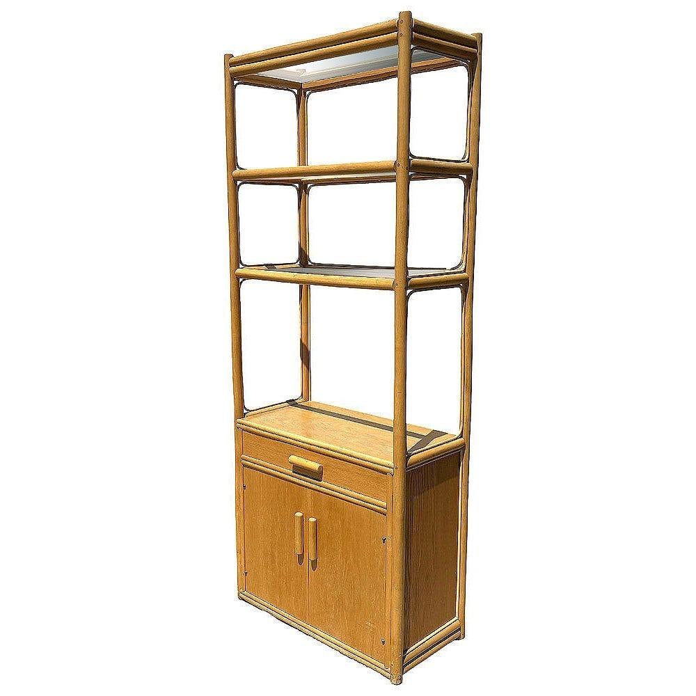 Restored High Style Rattan & Mahogany Etagere Display Curio Cabinet, 2 Available - 2