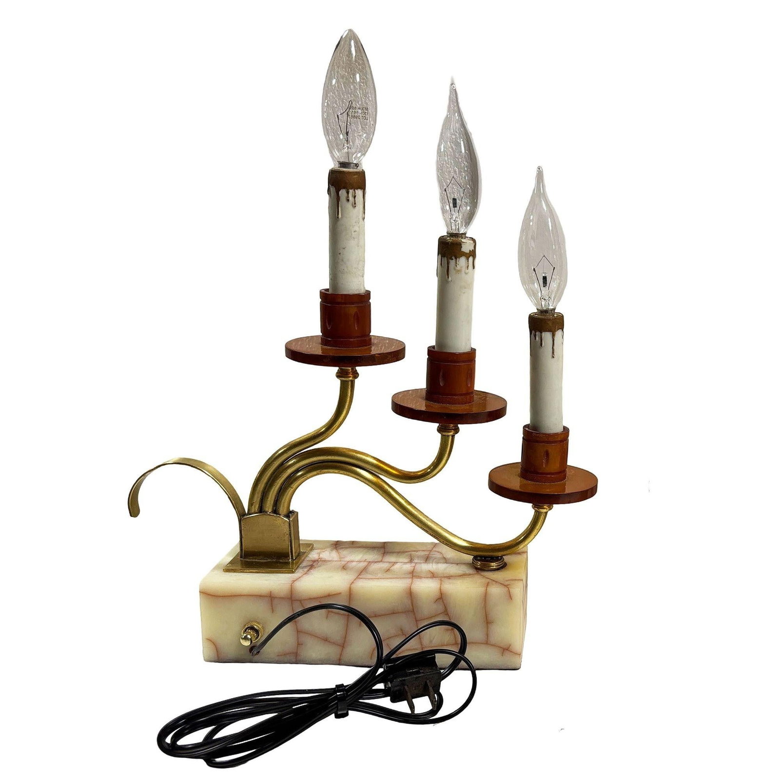 Hollywood Regency Three Candle Bakelite & Brass Table Lamp, Pair - 3