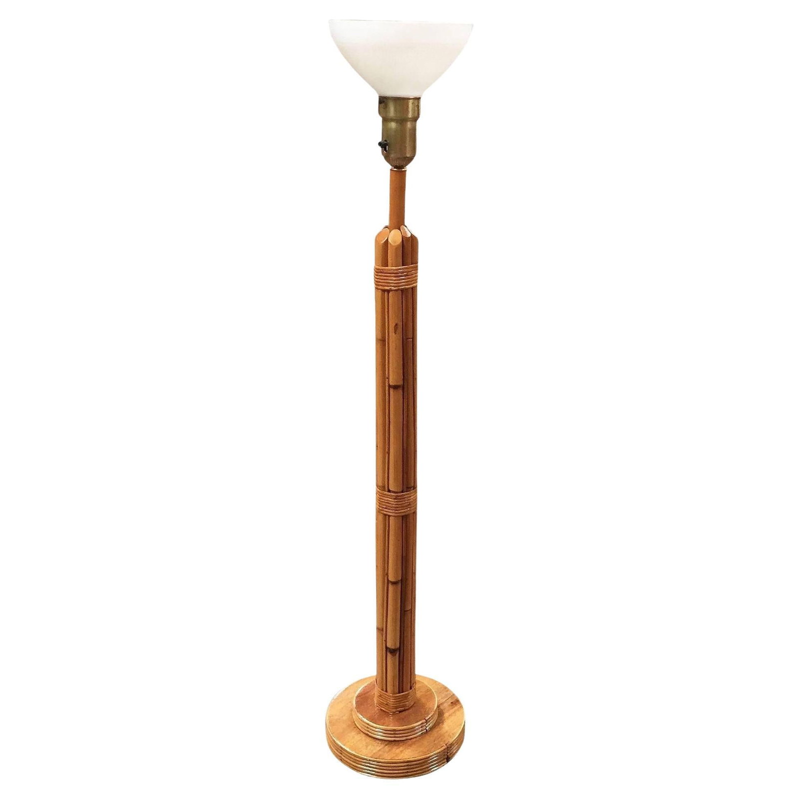 Restored 8-Strand Rattan Lamp W/ Stepped Base: Title: Restored 8-Strand Rattan Lamp W/ Stepped Base Description: Rattan pole lamp featuring 8 decorative rattan poles centered around a rattan post all fixed to a mahogany and rattan circular
