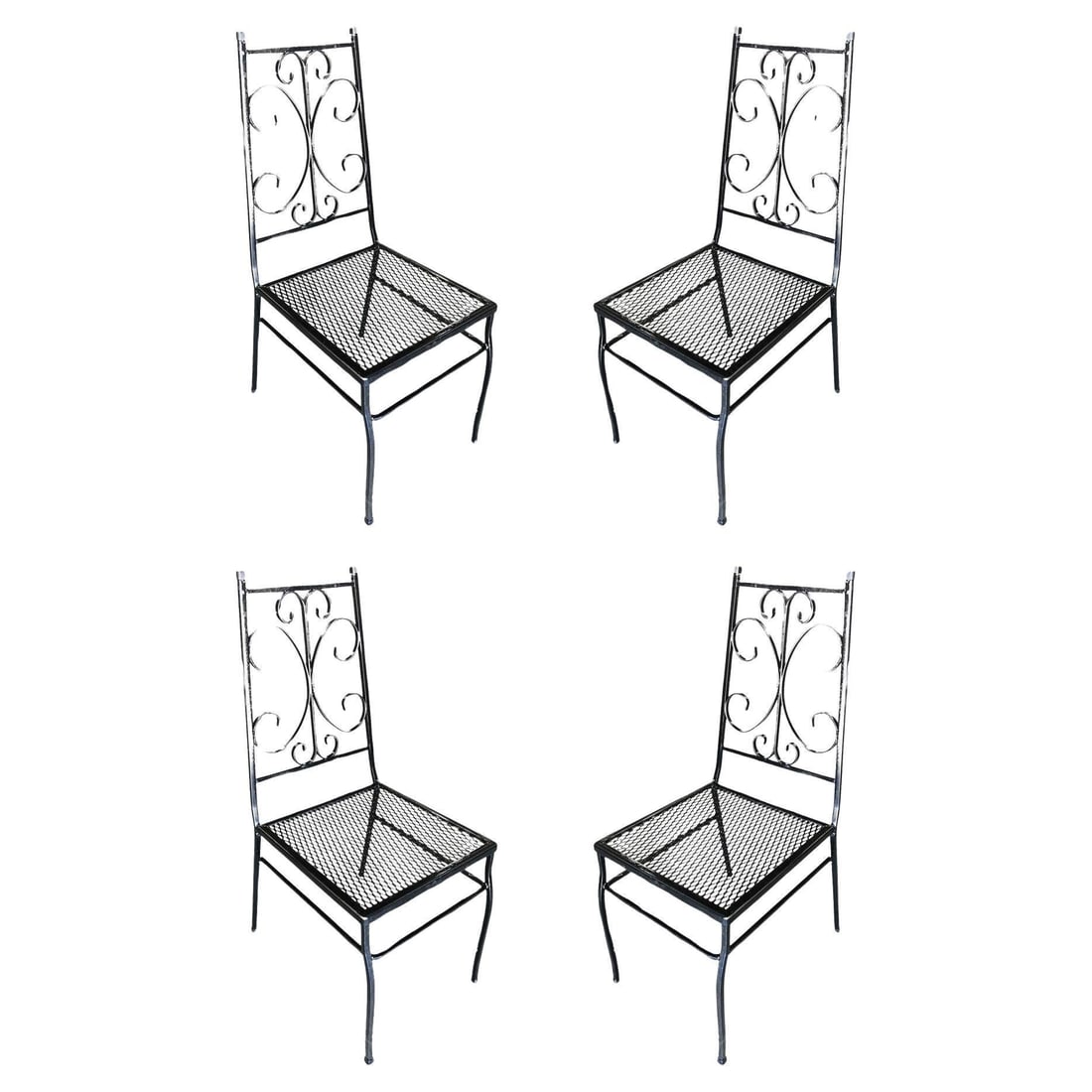 Midcentury Outdoor/Patio Side Chair with Scrolling Pattern, Set of Four: Title: Midcentury Outdoor/Patio Side Chair with Scrolling Pattern, Set of Four Description: Set of four outdoor patio chairs with scrolling pattern and mesh steel seats. Additional Information: Dimens