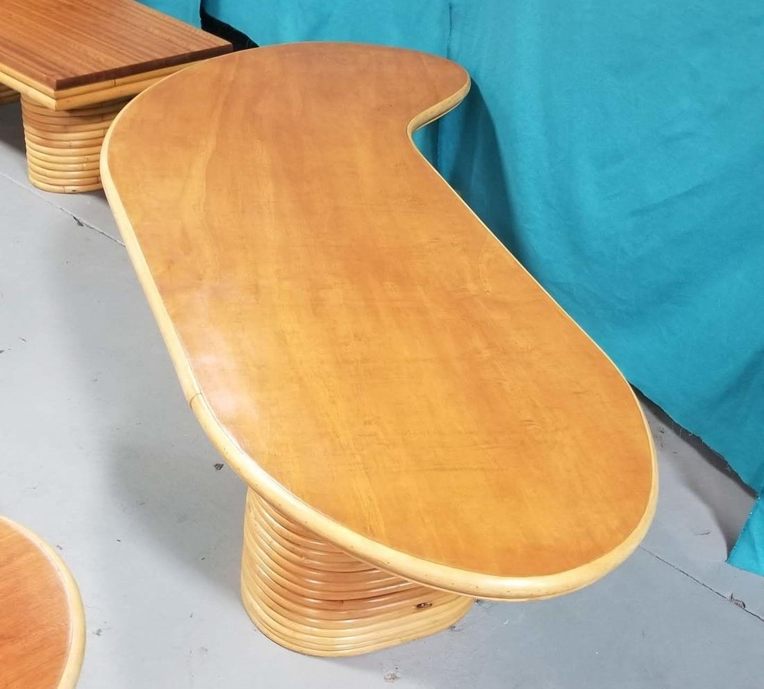 Restored Rattan & Mahogany Asymmetric "J" Coffee Table - 3