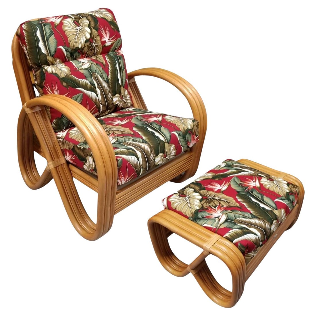 Rattan Mid-century 3-Strand Pretzel Lounge Chair and Ottoman: Title: Rattan Mid-century 3-Strand Pretzel Lounge Chair and Ottoman Description: This beautifully restored rattan 3-Strand pretzel armchair with red and white birds of paradise tropical barckcloth