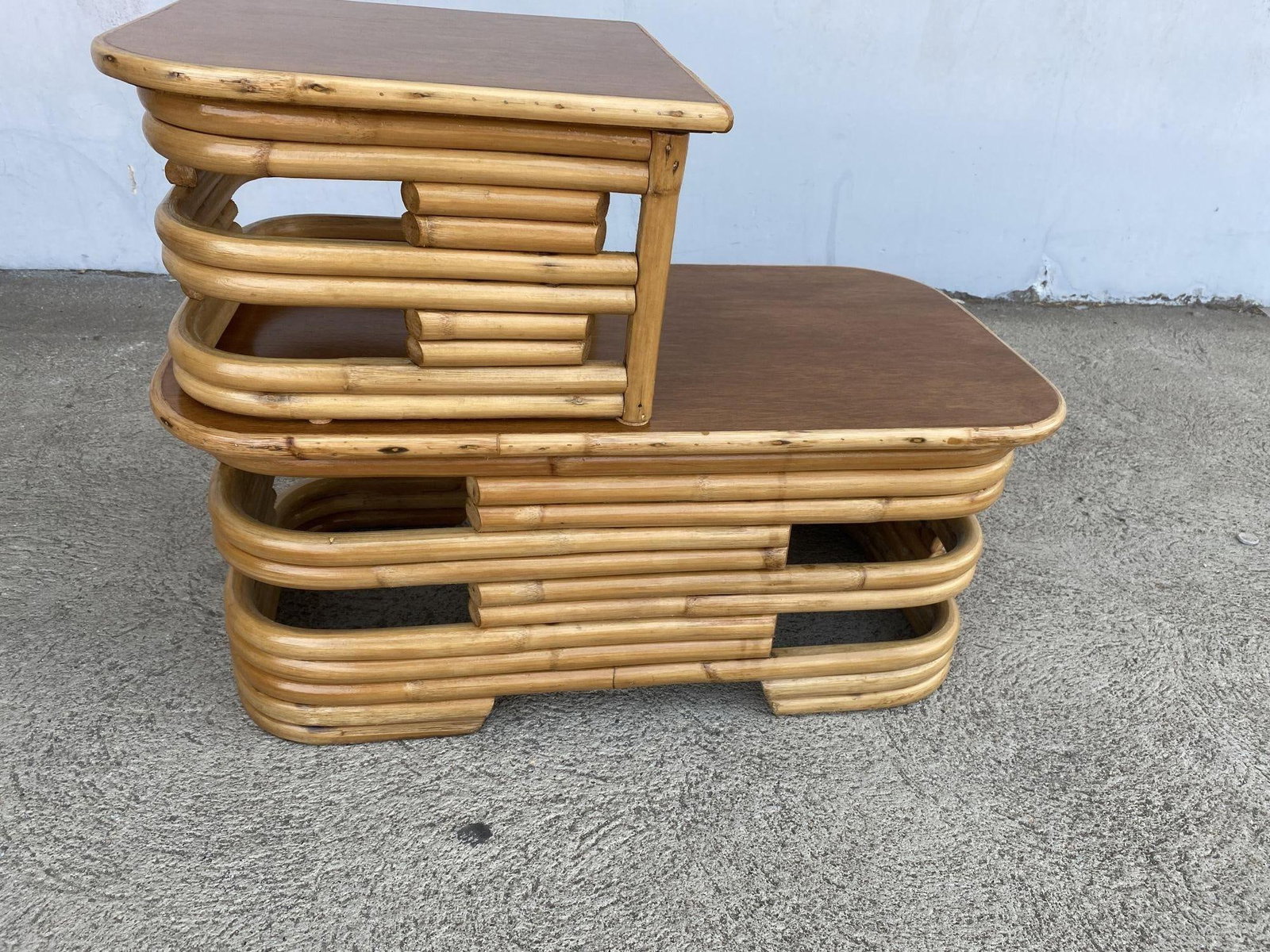 Restored Two-Tier Stacked Rattan Side Table with Mahogany Tops, Pair - 2