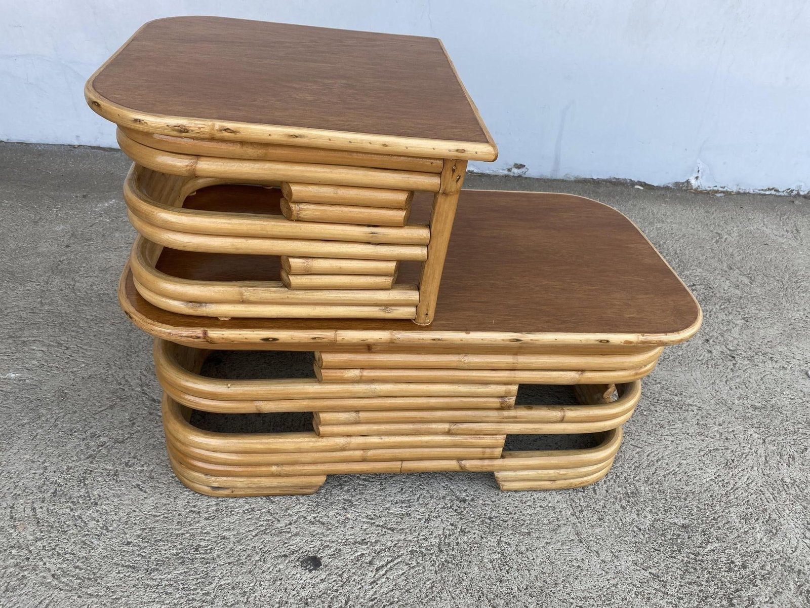 Restored Two-Tier Stacked Rattan Side Table with Mahogany Tops, Pair - 3
