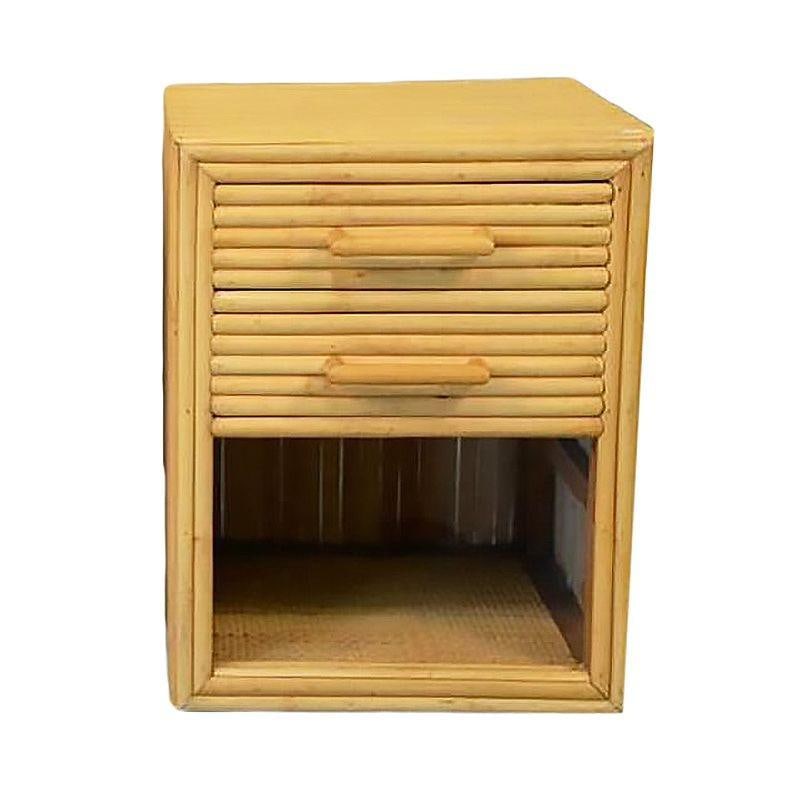 Restored Horizontal Stacked Stick Rattan Side Bedside Table w/ Cubby Space, Pair - 2