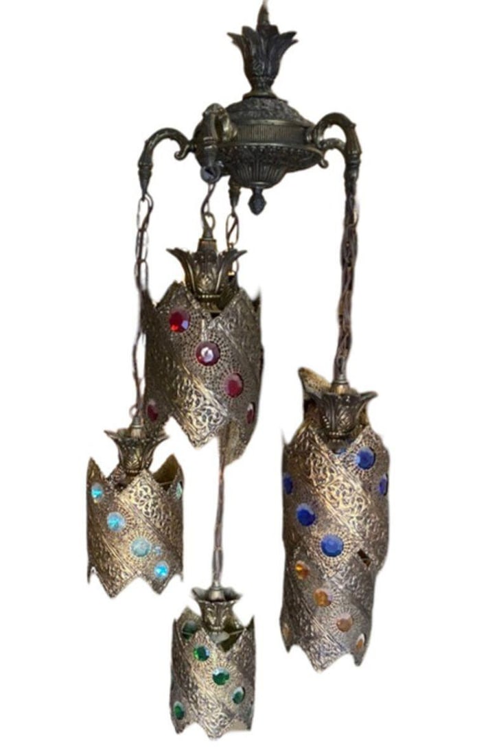 Hollywood Regency Jewel Prisms Filigree 5 Light Hanging Chandelier, Circa 1950 - 5