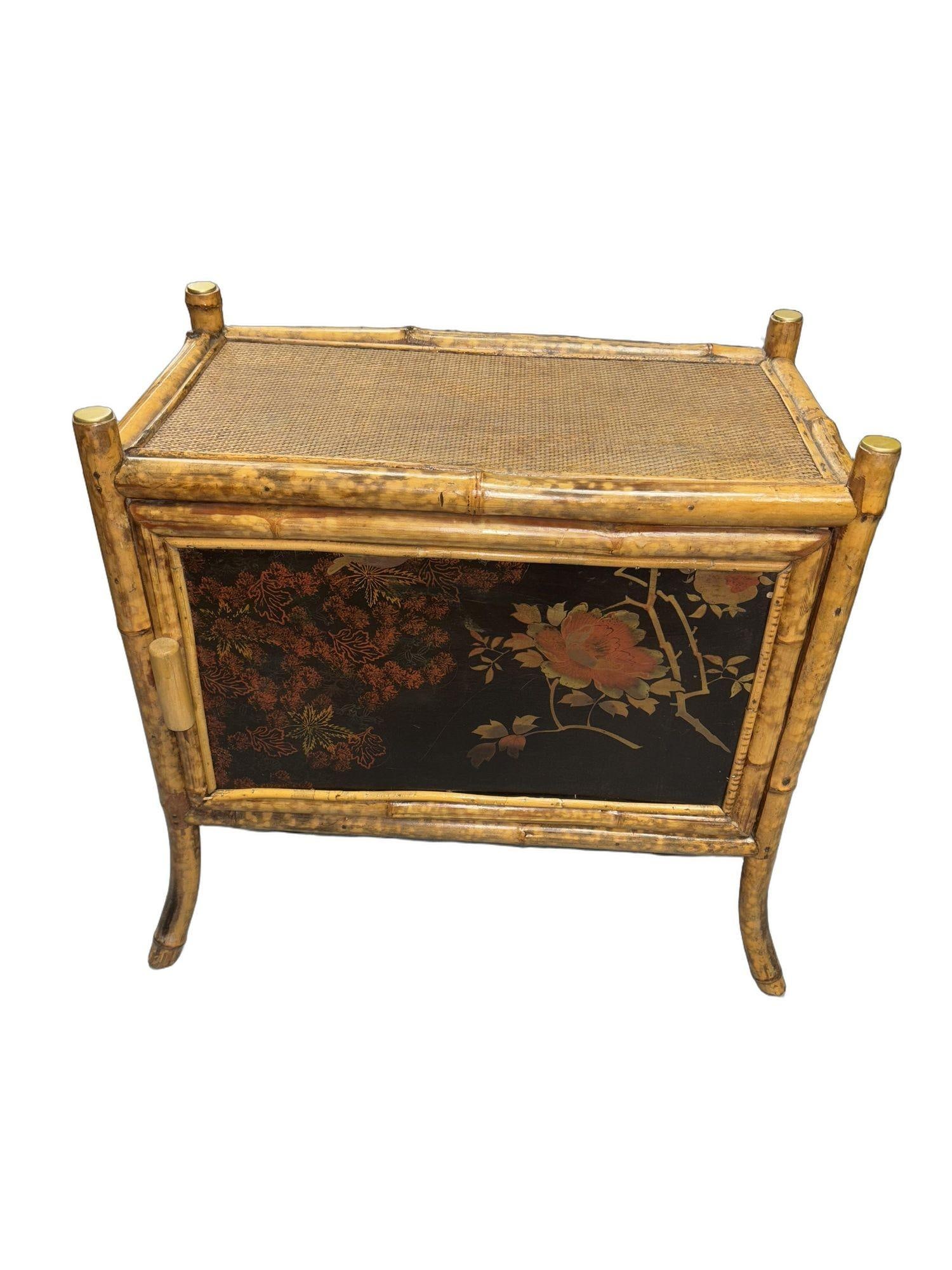 Victorian Chinoiserie Tiger Bamboo Nightstand with Hand-Painted Lacquer Front - 3