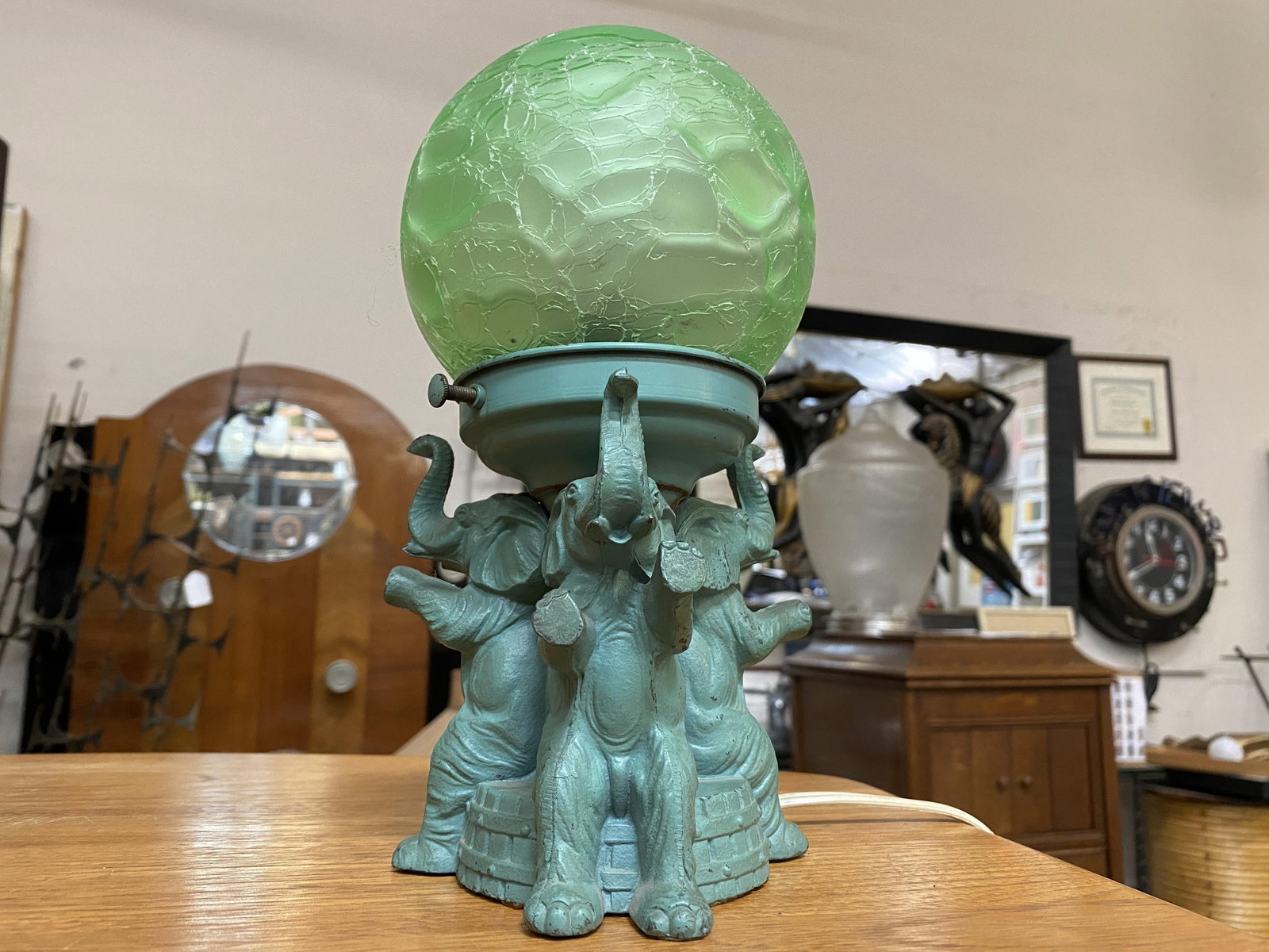 Art Deco Spelter Metal Elephant Lamp with Crackle Shade by A.P.T. NY - 2