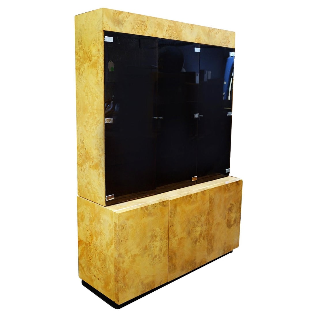 Burl wood China Lighted Cabinet by Dillingham: Title: Burl wood China Lighted Cabinet by Dillingham Description: Large Postmodern burl elmwood cabinet featuring a breakfront with three smoked glass doors containing adjustable shelves inside and th