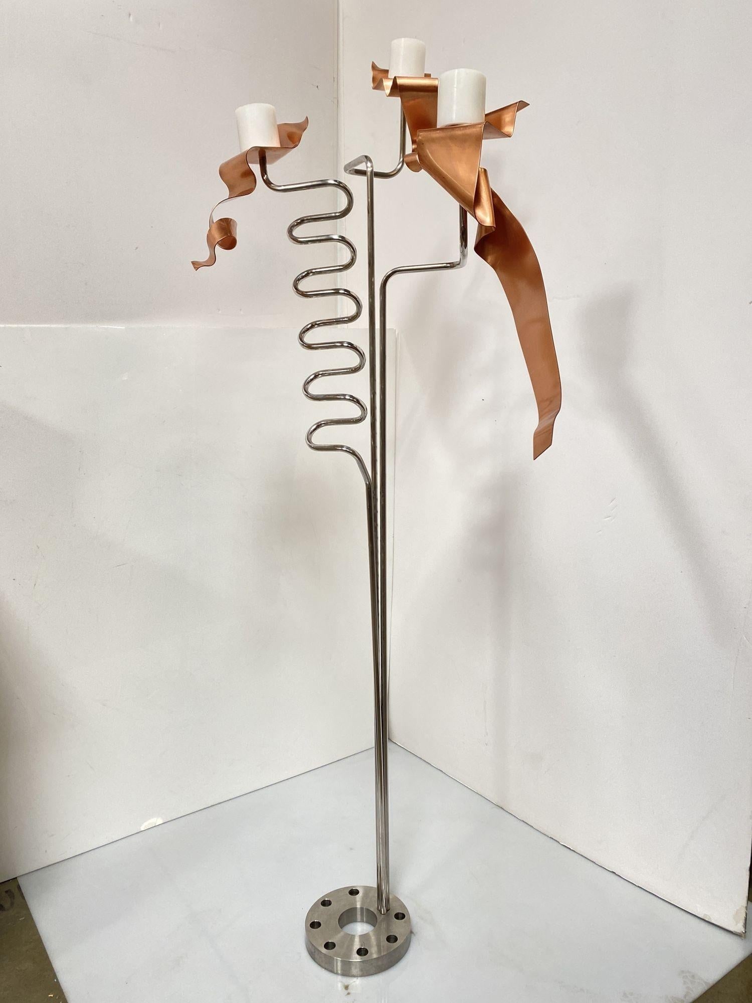 Machine Chrome & Copper 3 Arm Artist Signed Abstract Sculptural Candelabra - 3