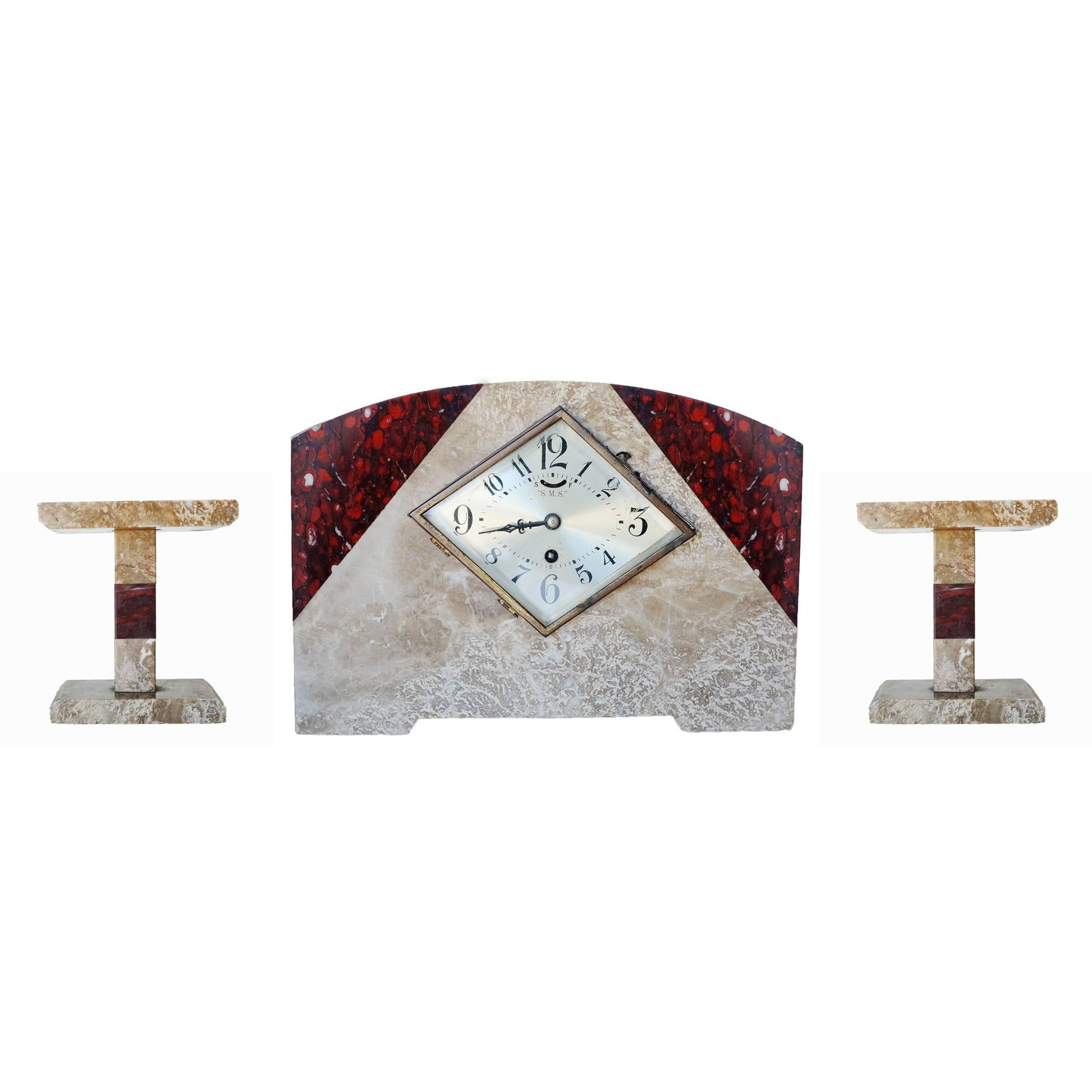 French Two-tone Marble Art Deco Mantel Clock Set With Matching Garniture (1 of 5)
