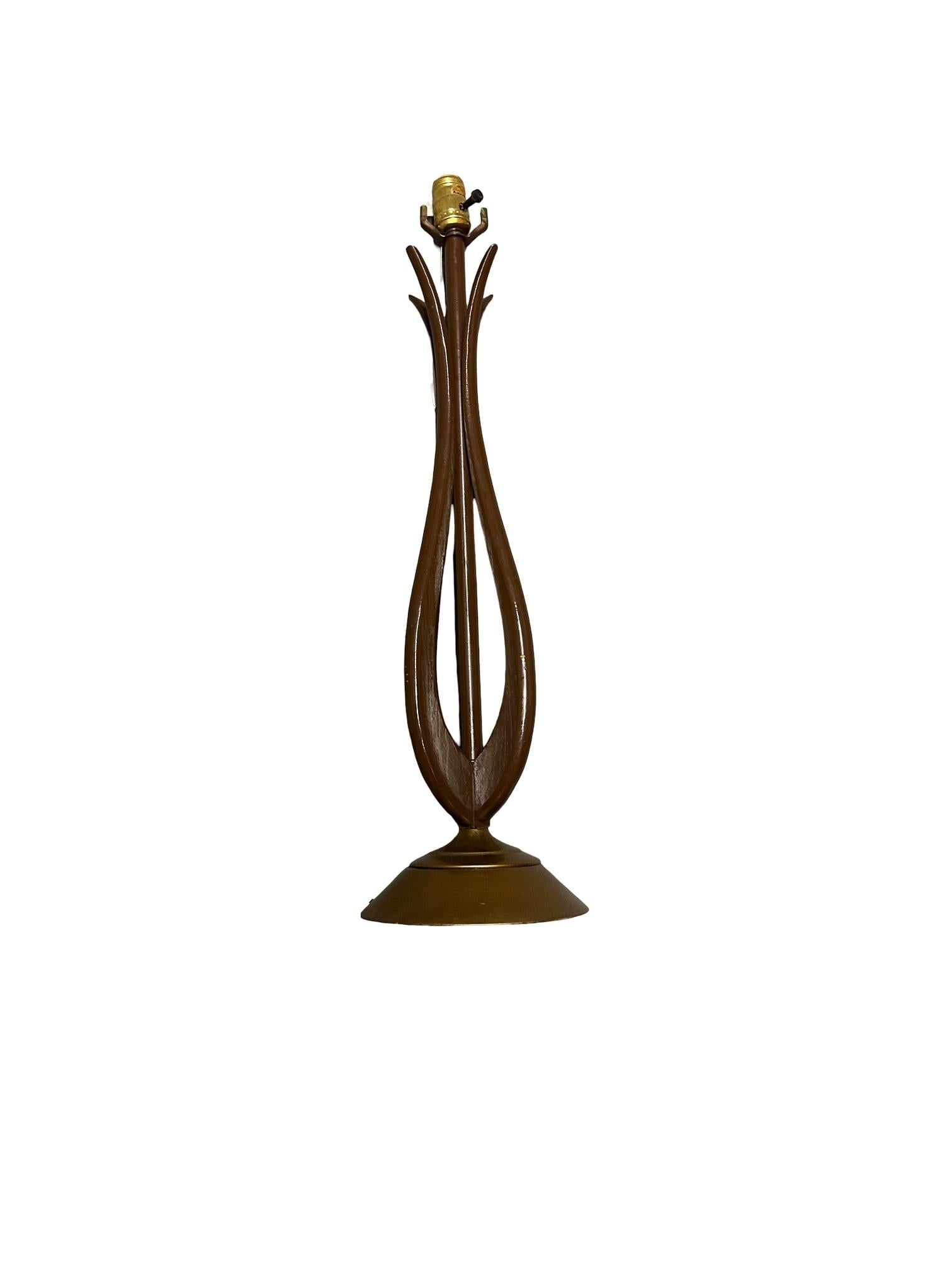 Modernist Harp Shaped Sculptural Walnut and Brass Tone Table Lamp, Pair - 5