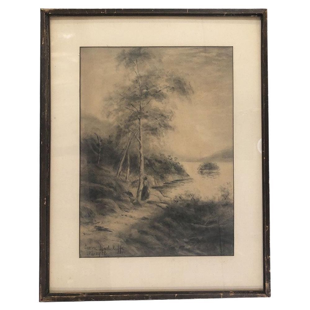 Framed Women by Lake Landscape Charcoal on Paper by Irene Radcliffe, 1971: Title: Framed Women by Lake Landscape Charcoal on Paper by Irene Radcliffe, 1971 Description: Original charcoal on paper Landscape signed and dated by artist Irene Radcliffe in black wood frame. This
