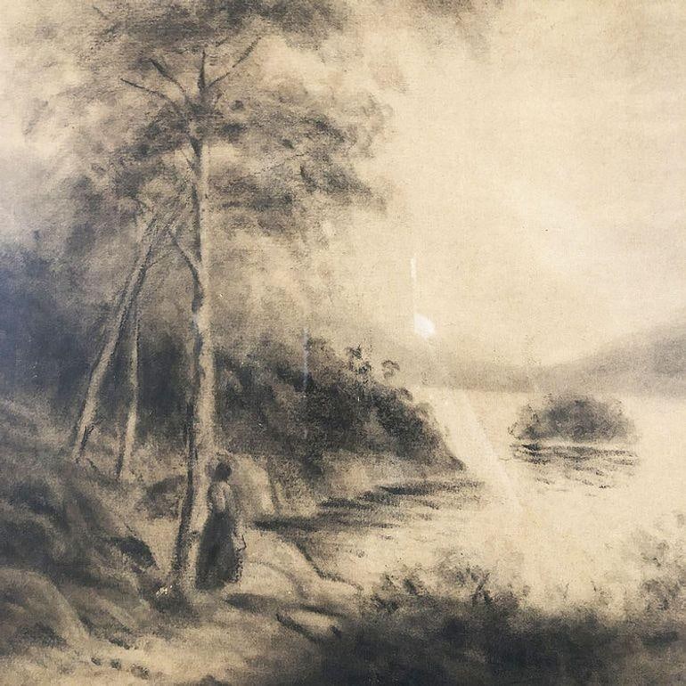 Framed Women by Lake Landscape Charcoal on Paper by Irene Radcliffe, 1971 - 2