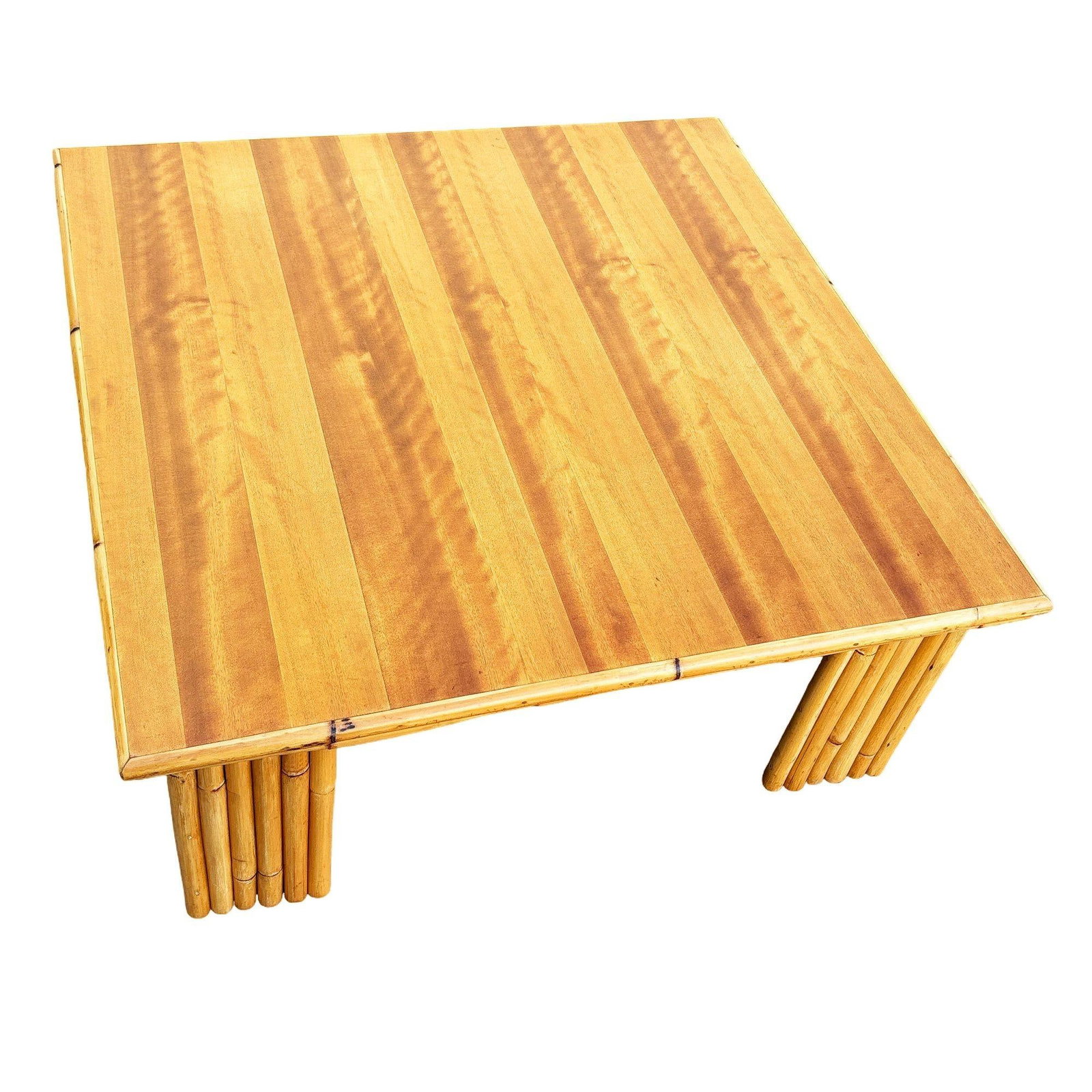 Restored Rattan & Koa Wood Square Coffee Table w/ Stacked Rattan Legs - 2