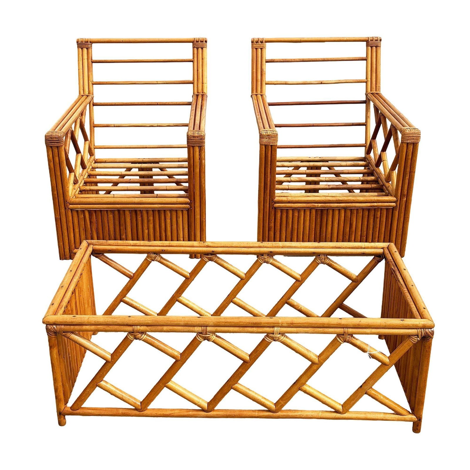 Heywood Wakefield "Oak Rattan" Lounge Chair Pair w/ Coffee Table - 2