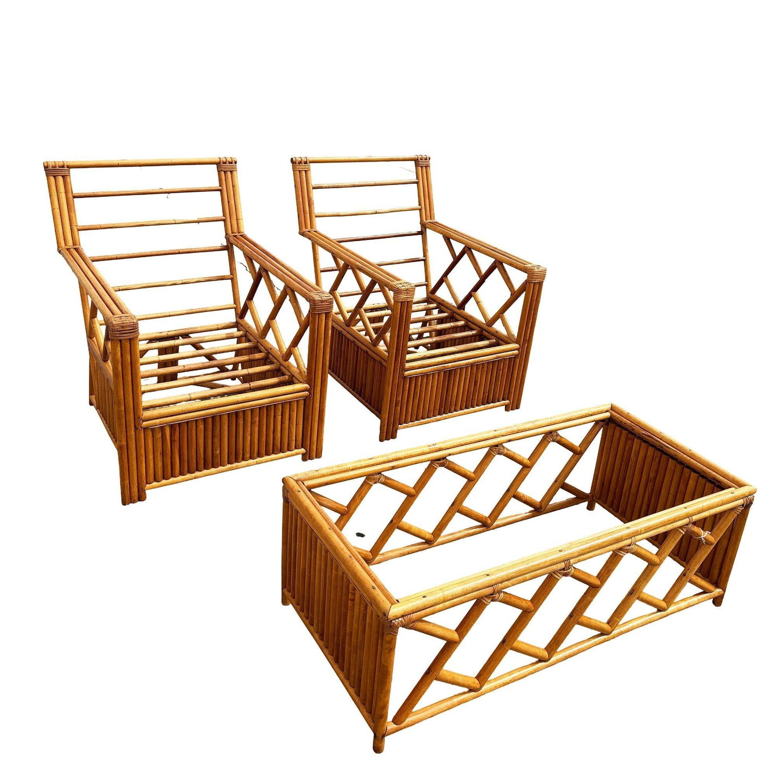 Heywood Wakefield "Oak Rattan" Lounge Chair Pair w/ Coffee Table - 3