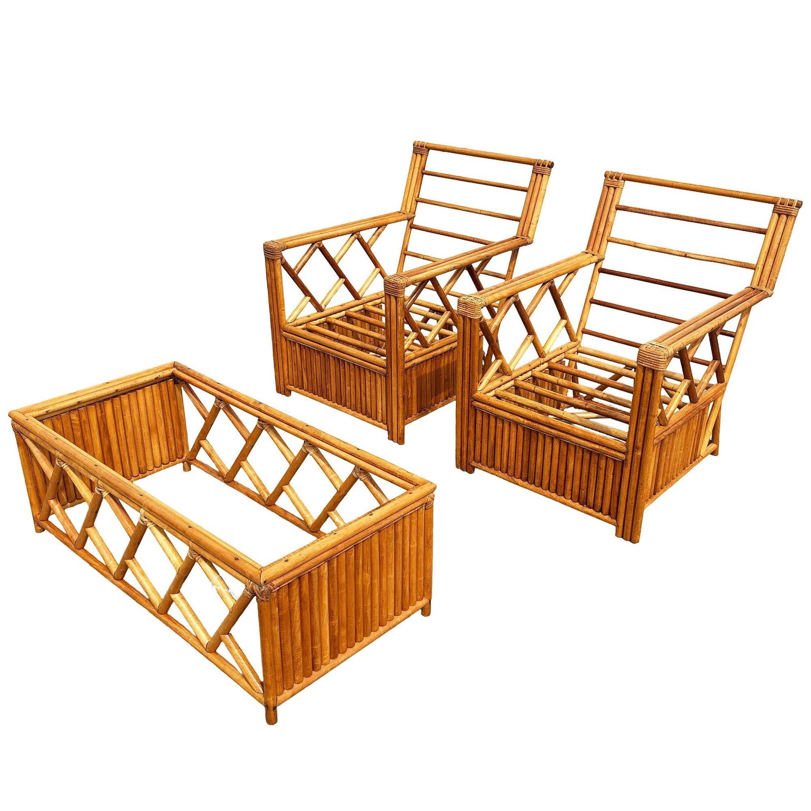 Heywood Wakefield "Oak Rattan" Lounge Chair Pair w/ Coffee Table - 4