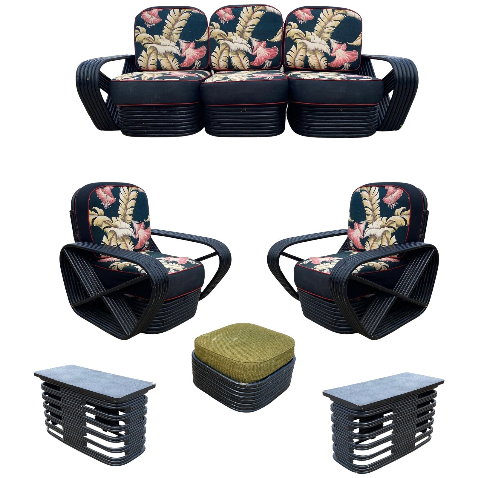 Restored 6 Strand Black Ash Table, Sofa, Lounge Chair Livingroom Set: Title: Restored 6 Strand Black Ash Table, Sofa, Lounge Chair Livingroom Set Description: Paul Frankl-style rattan living room set includes a matching three-seat sectional sofa and a pair of lounge