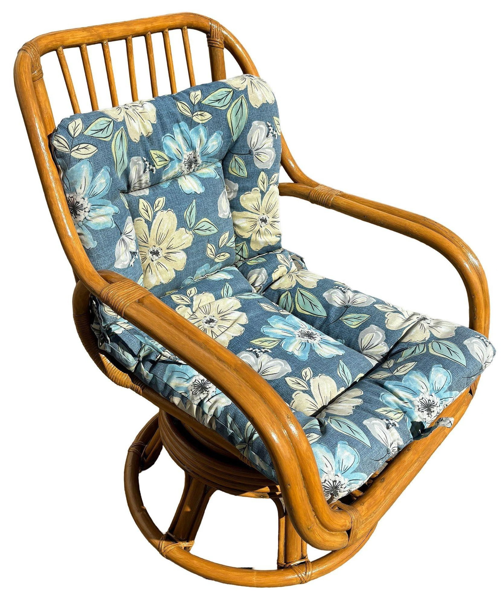 Restored Rattan Double-Strand Swivel Seat Lounge Chair: Title: Restored Rattan Double-Strand Swivel Seat Lounge Chair Description: This beautifully restored Paul Frankl-inspired rattan lounge chair combines style and function with its smooth swivel base