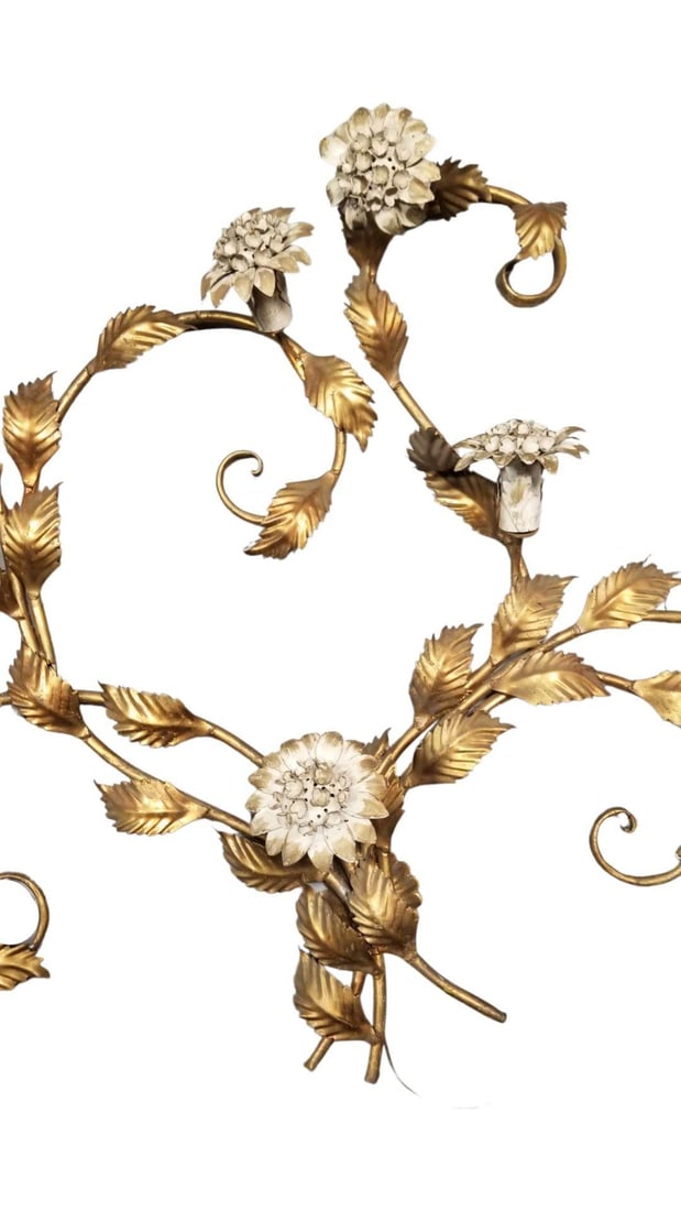 Mid Century Italian Tole Brass Floral Wall Sconce Sculpture - 2