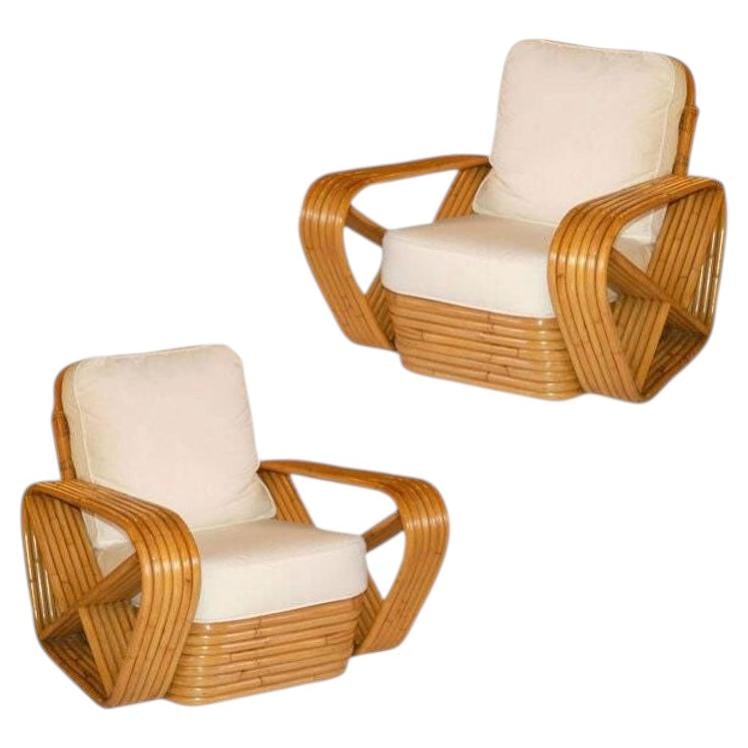 Restored Art Deco Six Strand Square Pretzel Stacked Rattan Lounge Chair, Pair: Title: Restored Art Deco Six Strand Square Pretzel Stacked Rattan Lounge Chair, Pair Description: This beautifully restored pair of mid-century six-strand rattan lounge chairs features square pretzel