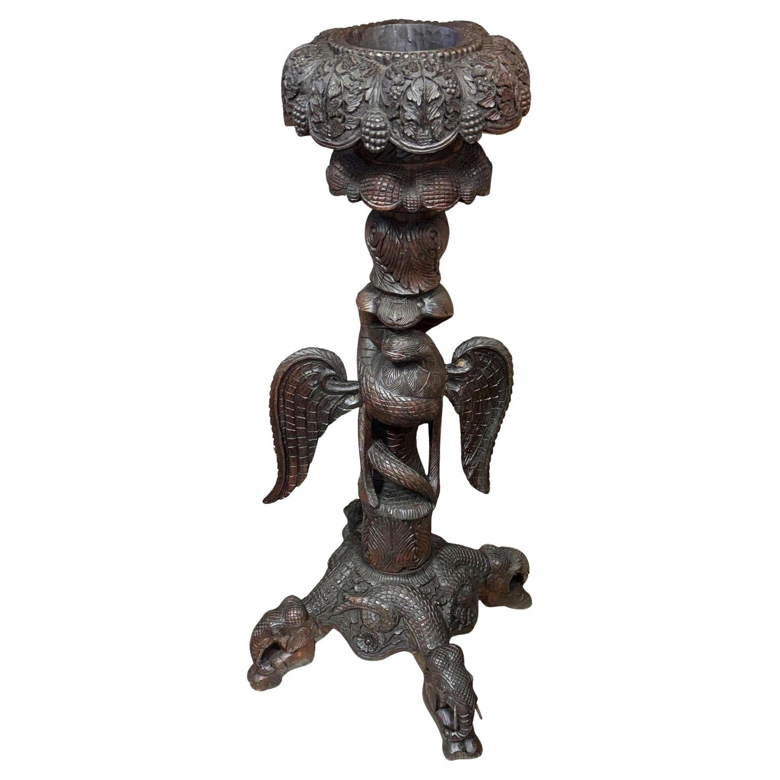 19th Century Anglo Indian Carved Bird & Serpent Wooden Blackwood Plant Stand: Title: 19th Century Anglo Indian Carved Bird & Serpent Wooden Blackwood Plant Stand Description: A highly decorative colonial, finely carved and pierced wooden flower stand with prolific foliage and