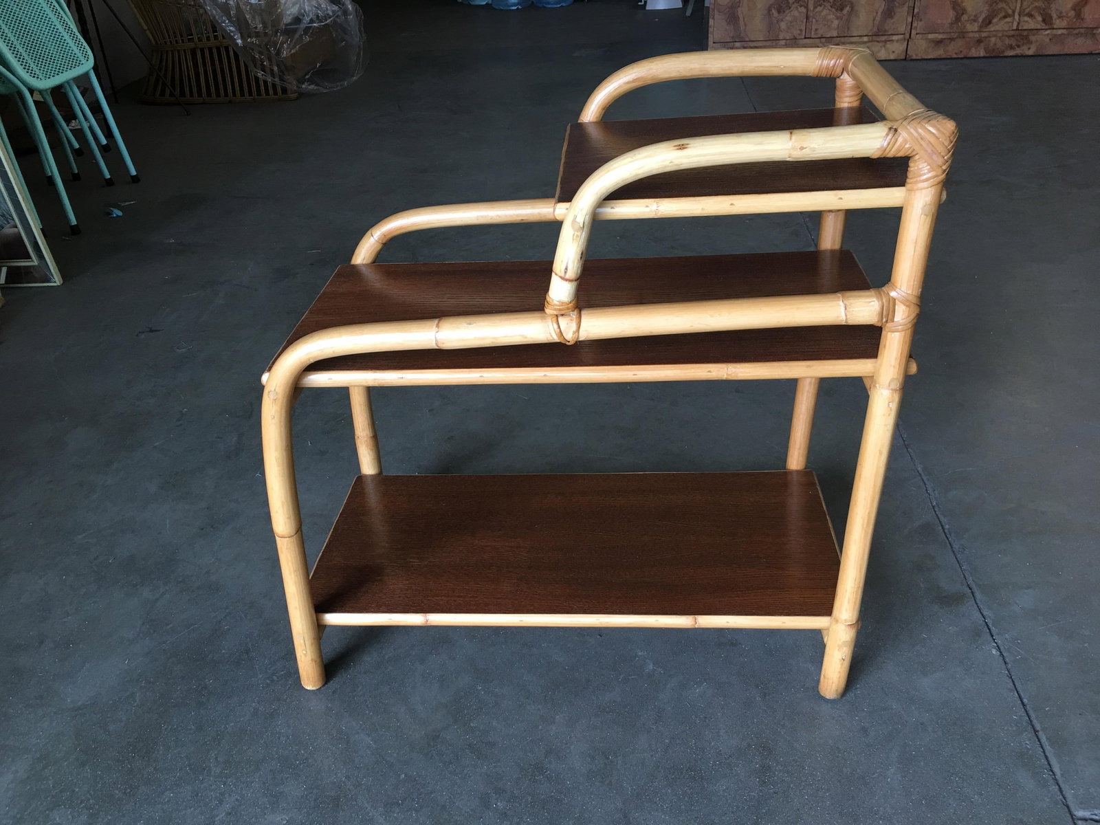 Restored Rattan Side Lamp Table with Three-Tier Mahogany Tops - 2