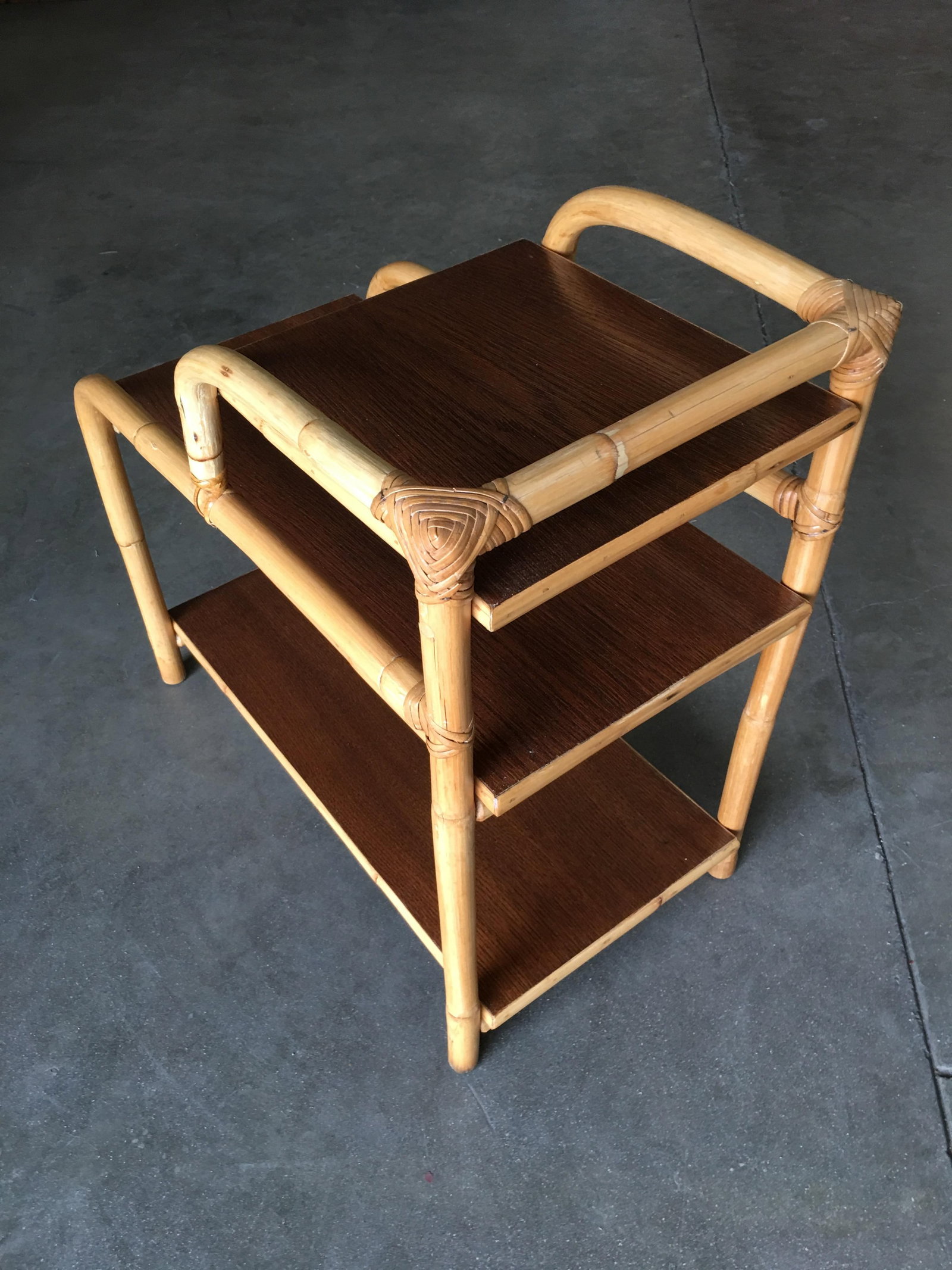 Restored Rattan Side Lamp Table with Three-Tier Mahogany Tops - 3