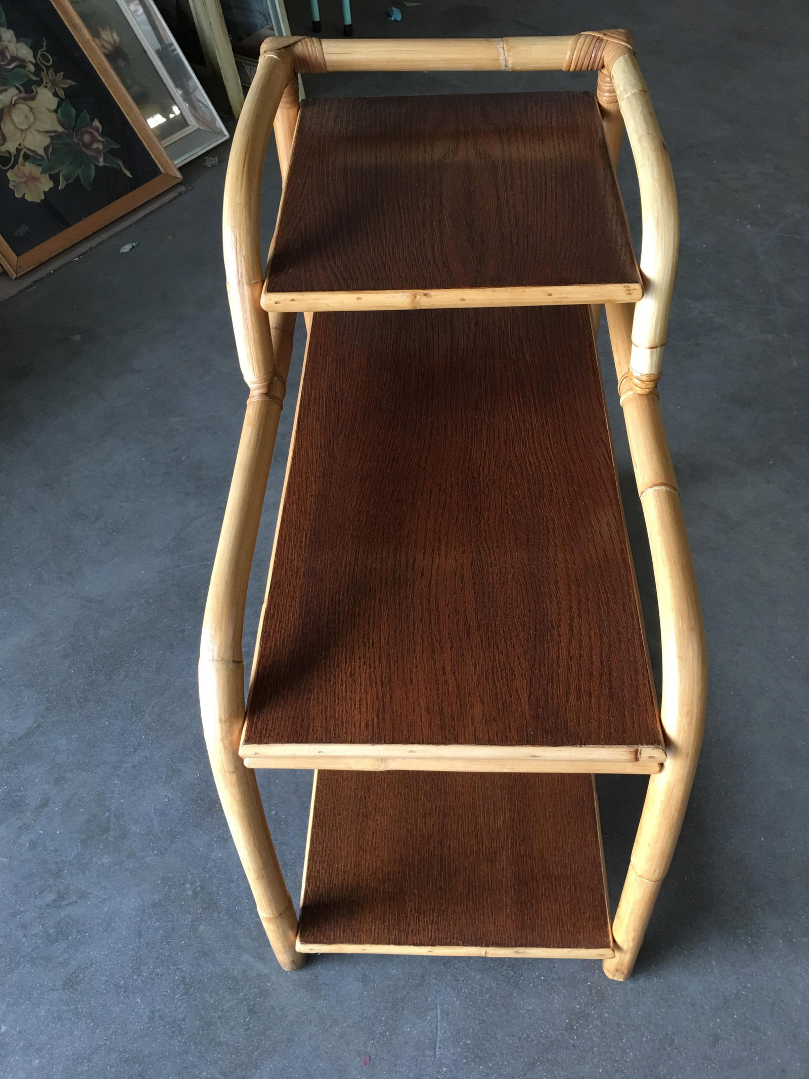 Restored Rattan Side Lamp Table with Three-Tier Mahogany Tops - 5