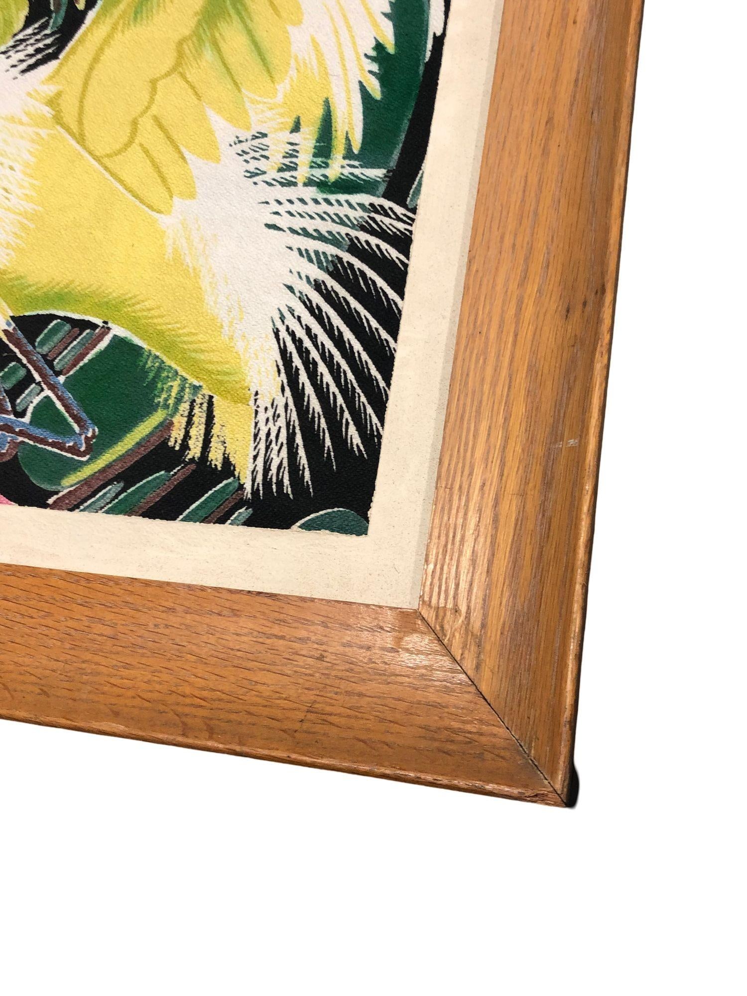 Restored Vintage 1949 Rattan Framed Crane Barkcloth Fabric Sample by Spectrum - 4