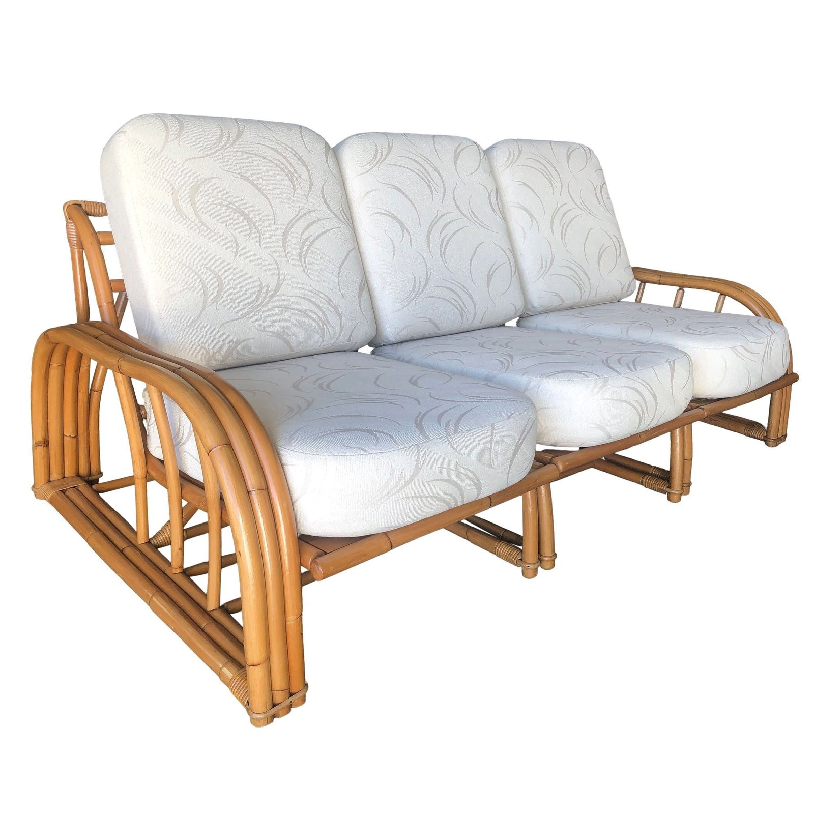Restored 3-Strand 3 Seat Rattan Sectional Sofa by Paul Laszlo for Ficks Reed: Title: Restored 3-Strand 3 Seat Rattan Sectional Sofa by Paul Laszlo for Ficks Reed Description: Restored original 1948 Paul Laszlo designed three-strand sectional settee featuring three-strand staple