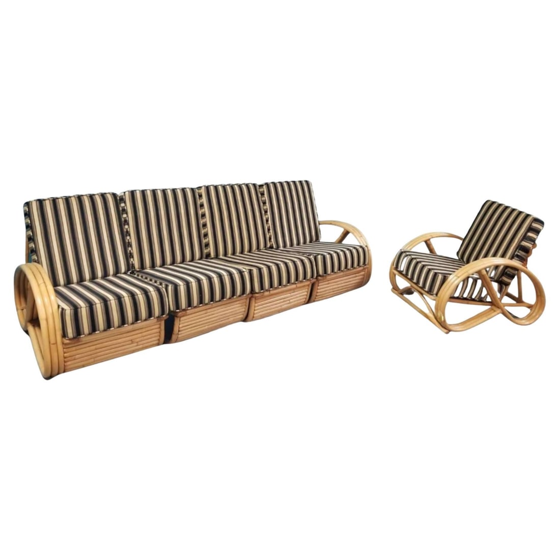 Restored Rattan 3/4 Pretzel Sofa & Lounge Chair Living Room Set: Title: Restored Rattan 3/4 Pretzel Sofa & Lounge Chair Living Room Set Description: 2-piece living room set of restored rattan furniture. A 3/4 pretzel arm sofa that is made up of 3 pieces and 3