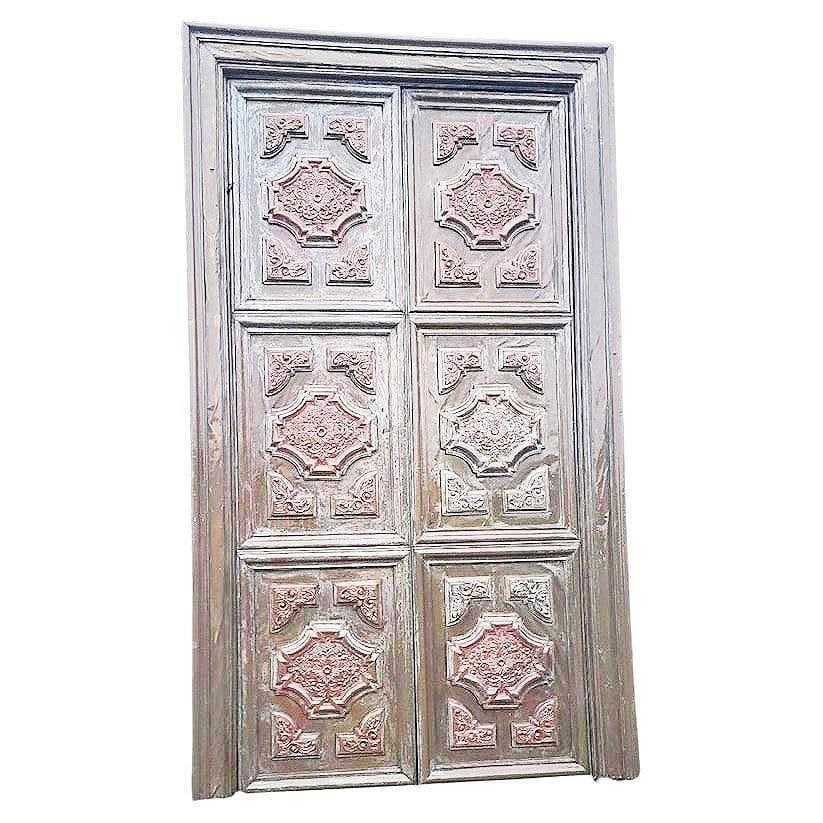 Large 8' Mediterranean Multipaneled Molding Bronze Covered Walnut Double Doors - 2